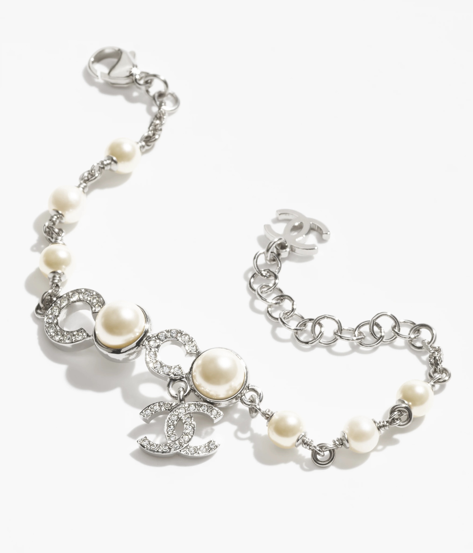 Chanel CC Logo Pearl Bracelet - Silver Metal & Crystal - 2025 Edition