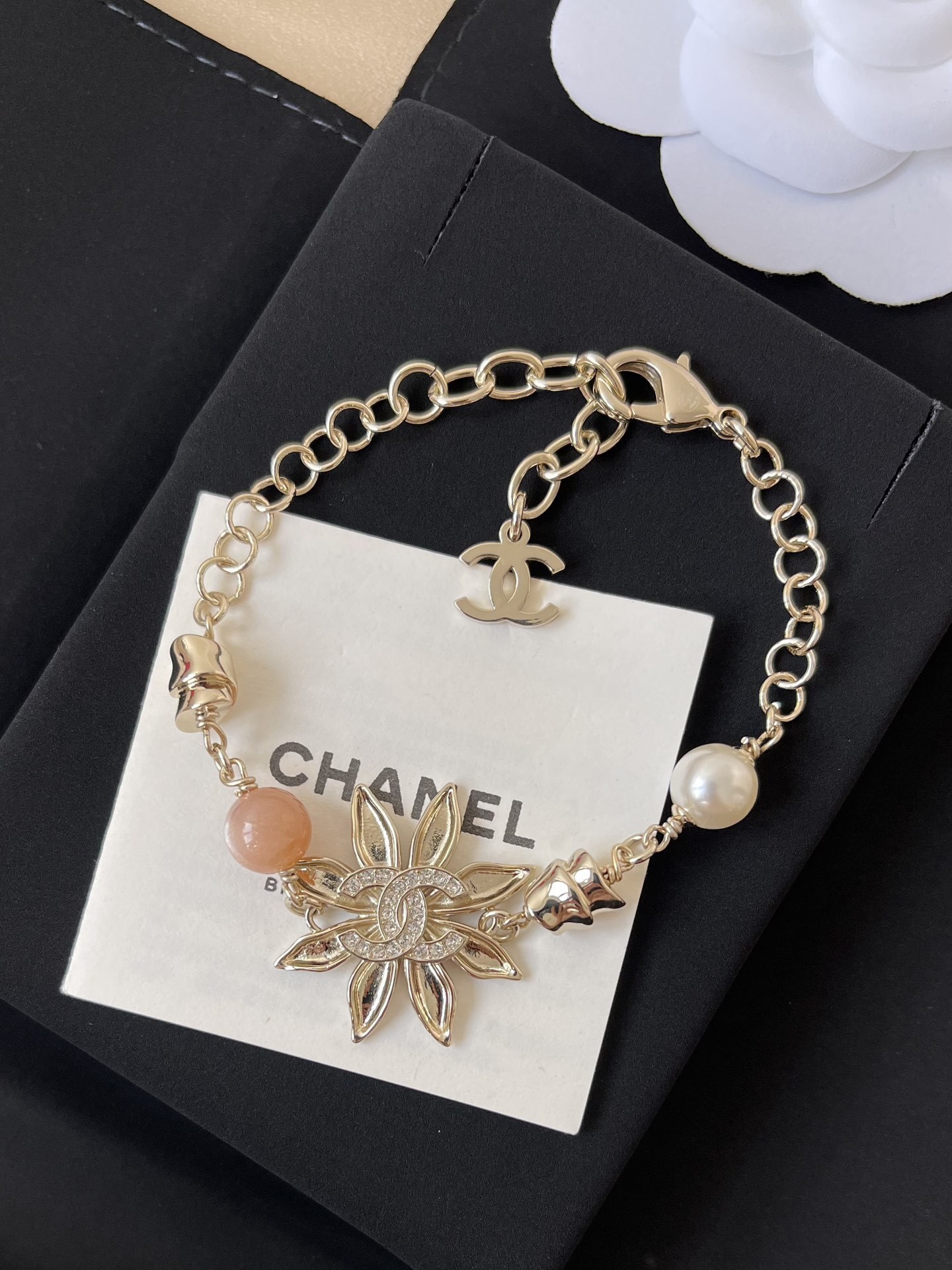 Chanel 2024/25 Metiers d'Art Gold Flower Bracelet with Pearl & Stone
