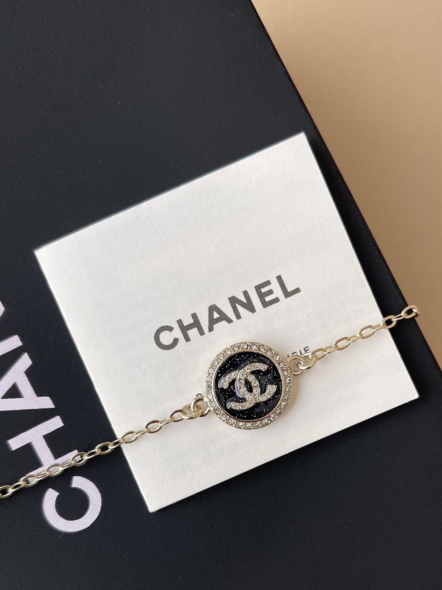 Luxury Chanel CC Logo Crystal Bracelet & Sparkling Bow Ring Set