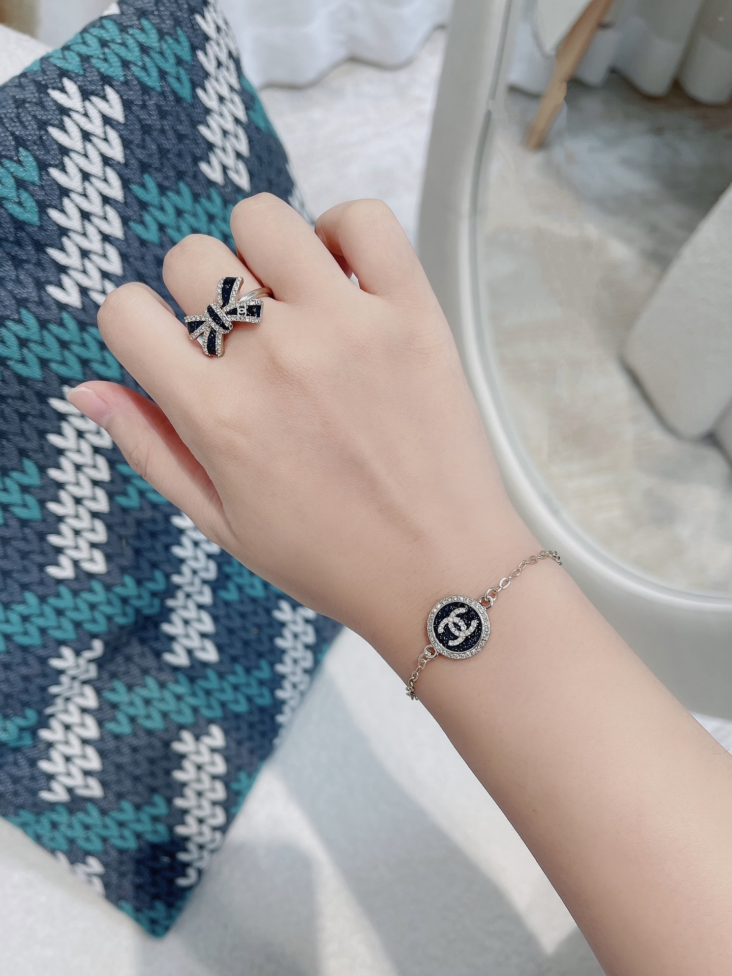 Luxury Chanel CC Logo Crystal Bracelet & Sparkling Bow Ring Set