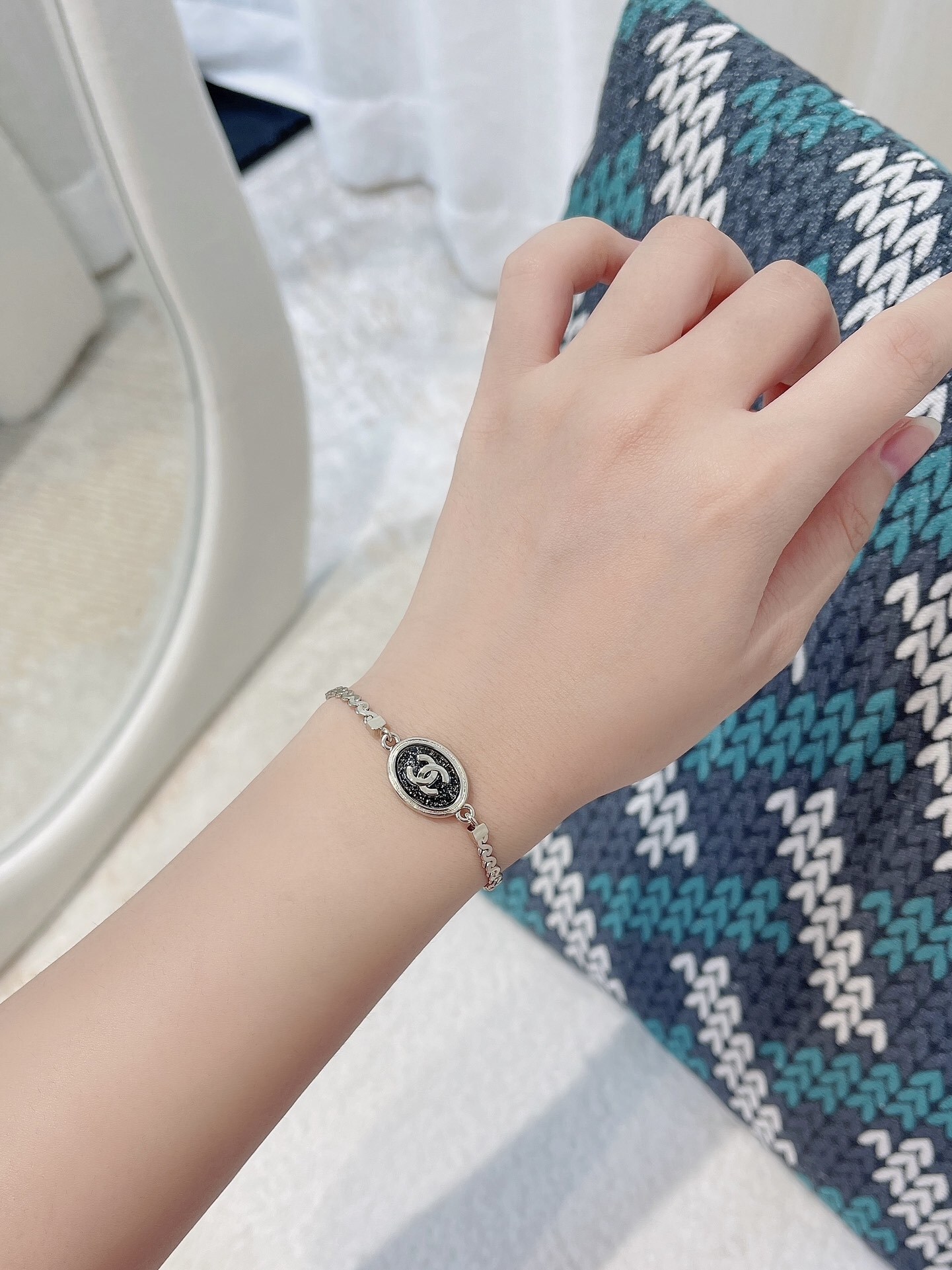 Chanel Gold-Tone Oval CC Logo Bracelet with Glitter Detail