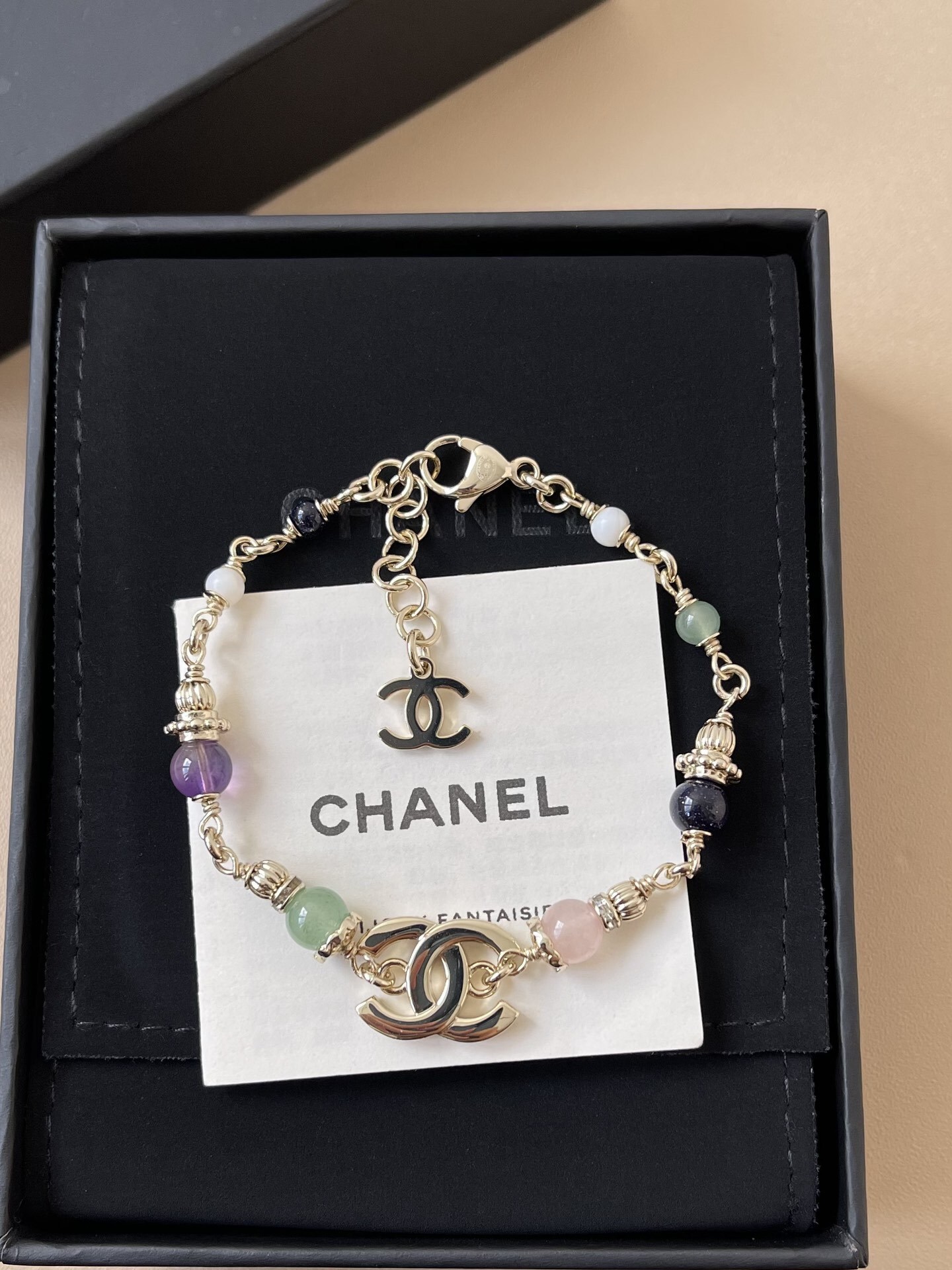 Luxury Gold CC Logo Bracelet with Multi-Color Gemstone Beads