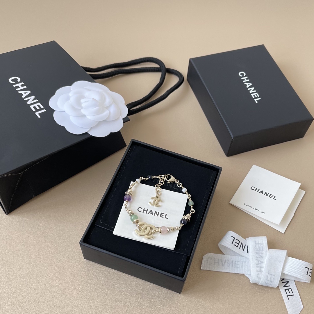 Luxury Gold CC Logo Bracelet with Multi-Color Gemstone Beads