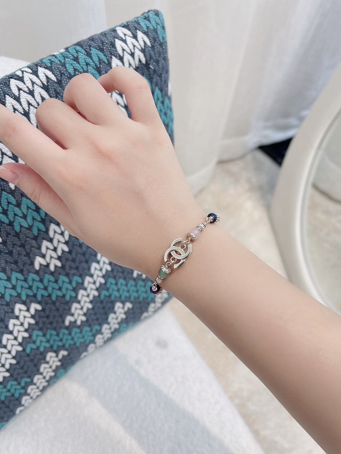 Luxury Gold CC Logo Bracelet with Multi-Color Gemstone Beads