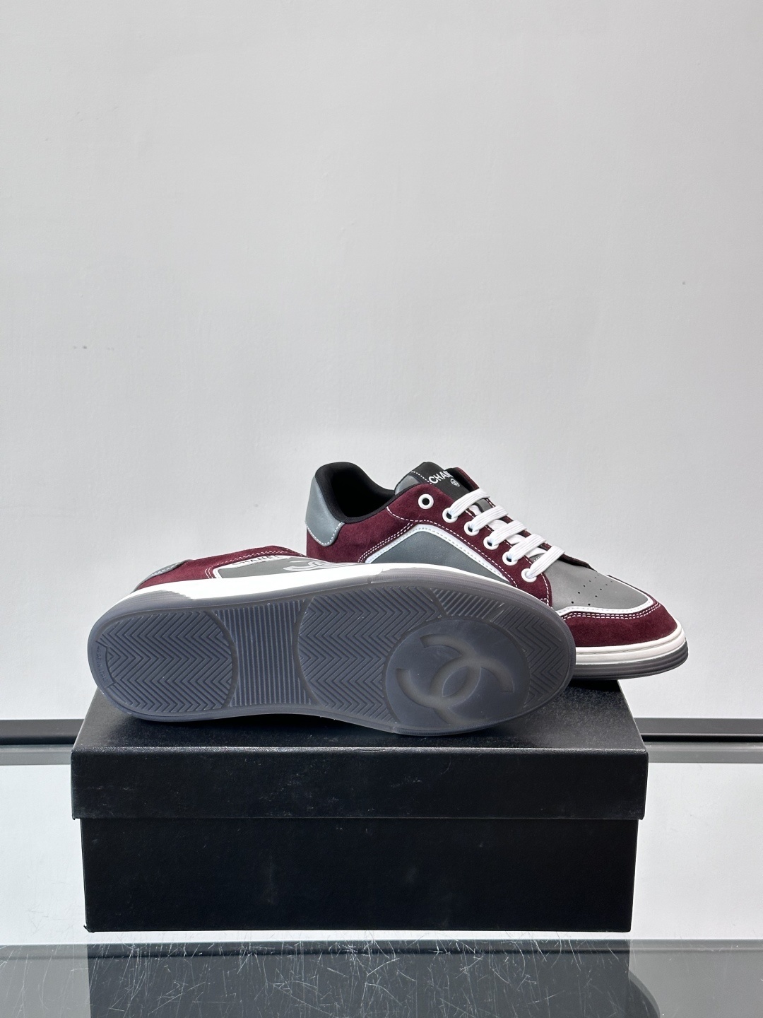 Chanel CC Logo Sneakers in Burgundy and Grey Suede