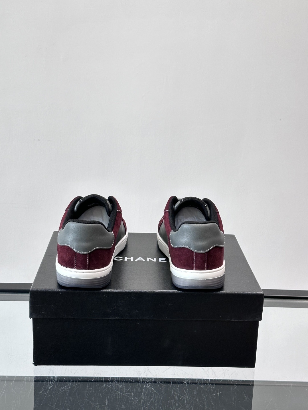 Chanel CC Logo Sneakers in Burgundy and Grey Suede