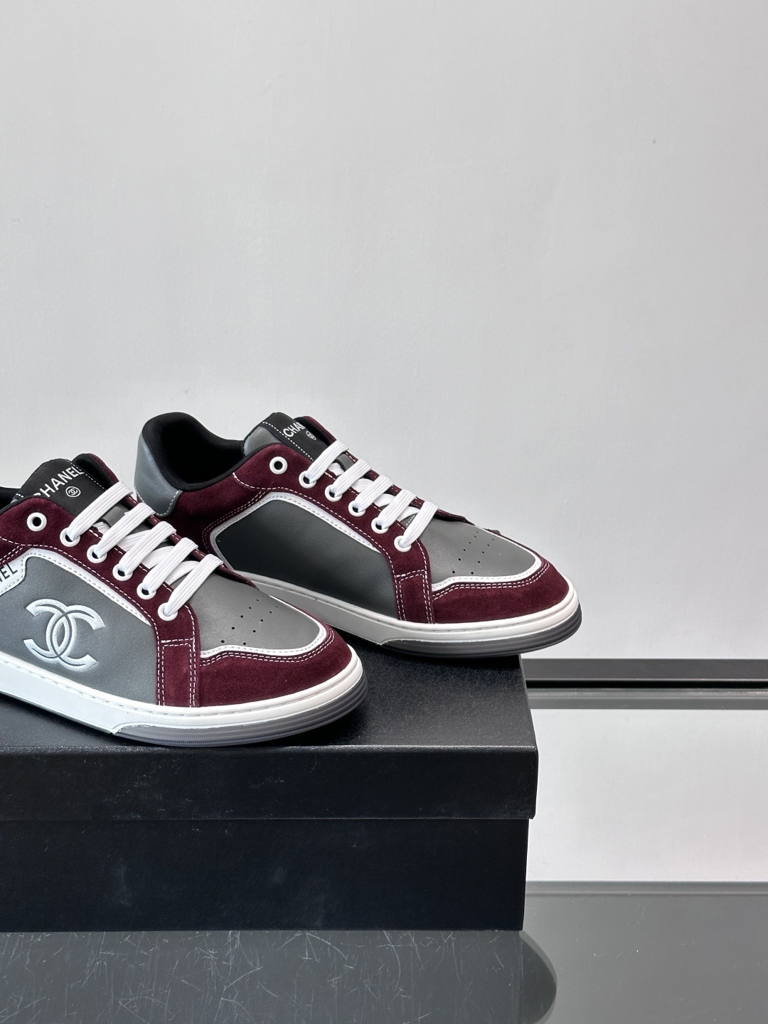 Chanel CC Logo Sneakers in Burgundy and Grey Suede