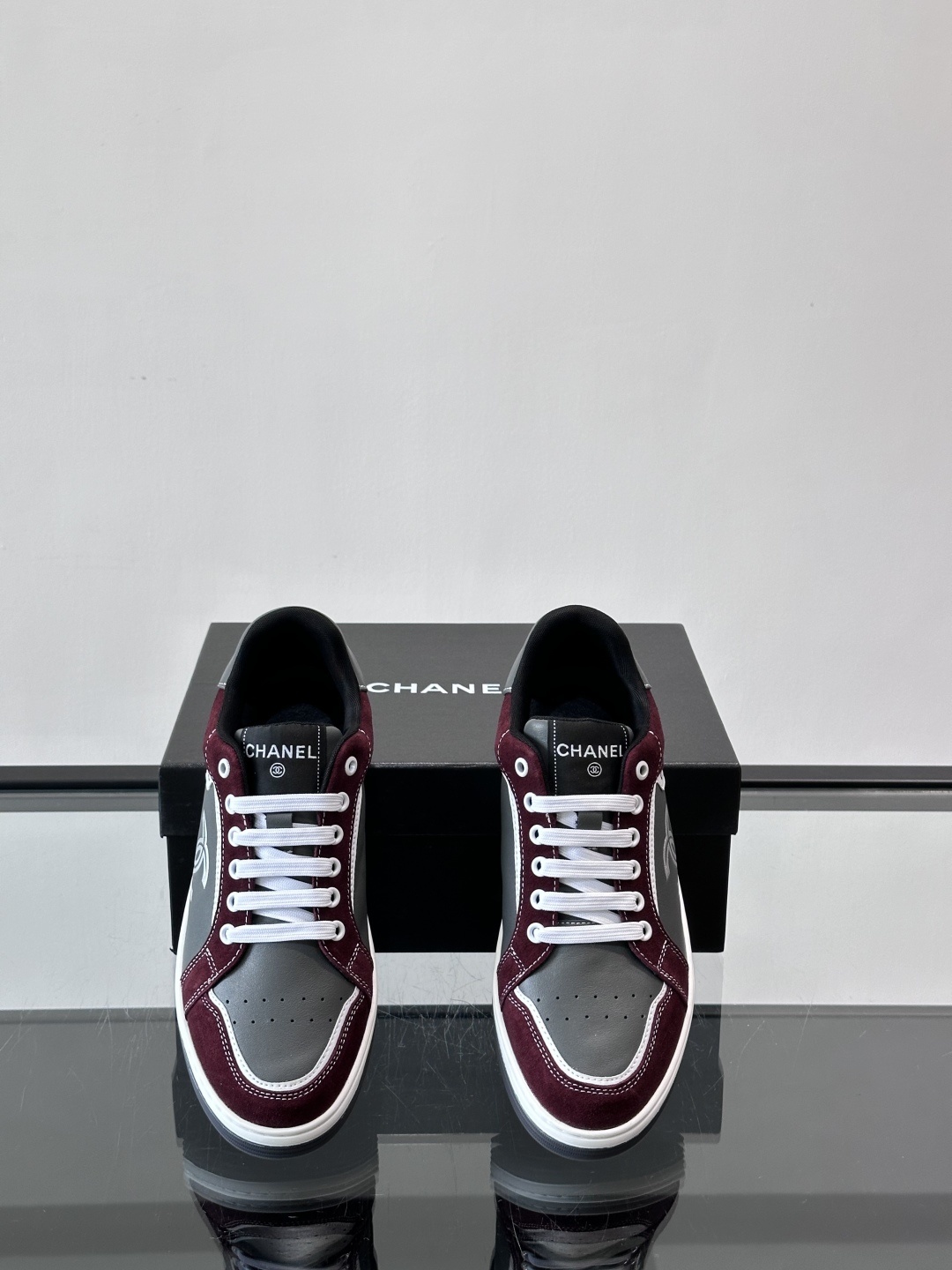 Chanel CC Logo Sneakers in Burgundy and Grey Suede