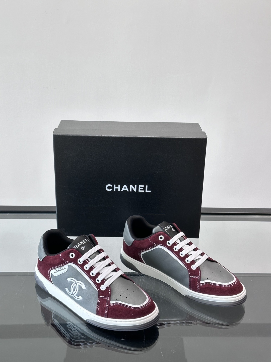 Chanel CC Logo Sneakers in Burgundy and Grey Suede