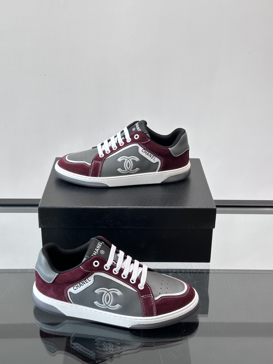 Chanel CC Logo Sneakers in Burgundy and Grey Suede