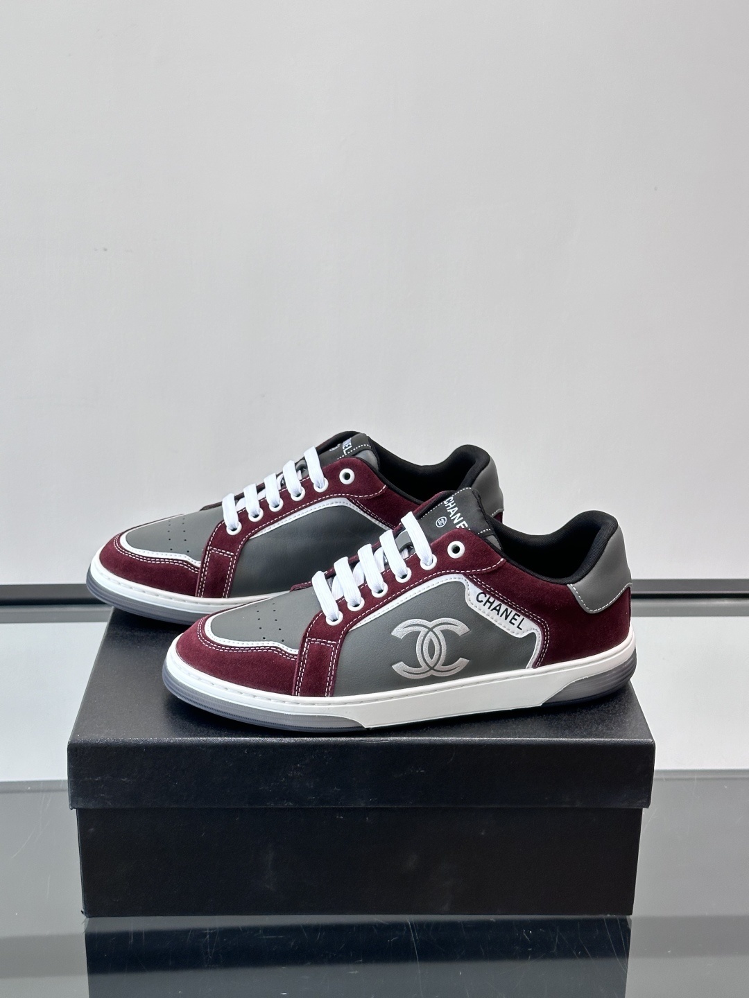 Chanel CC Logo Sneakers in Burgundy and Grey Suede