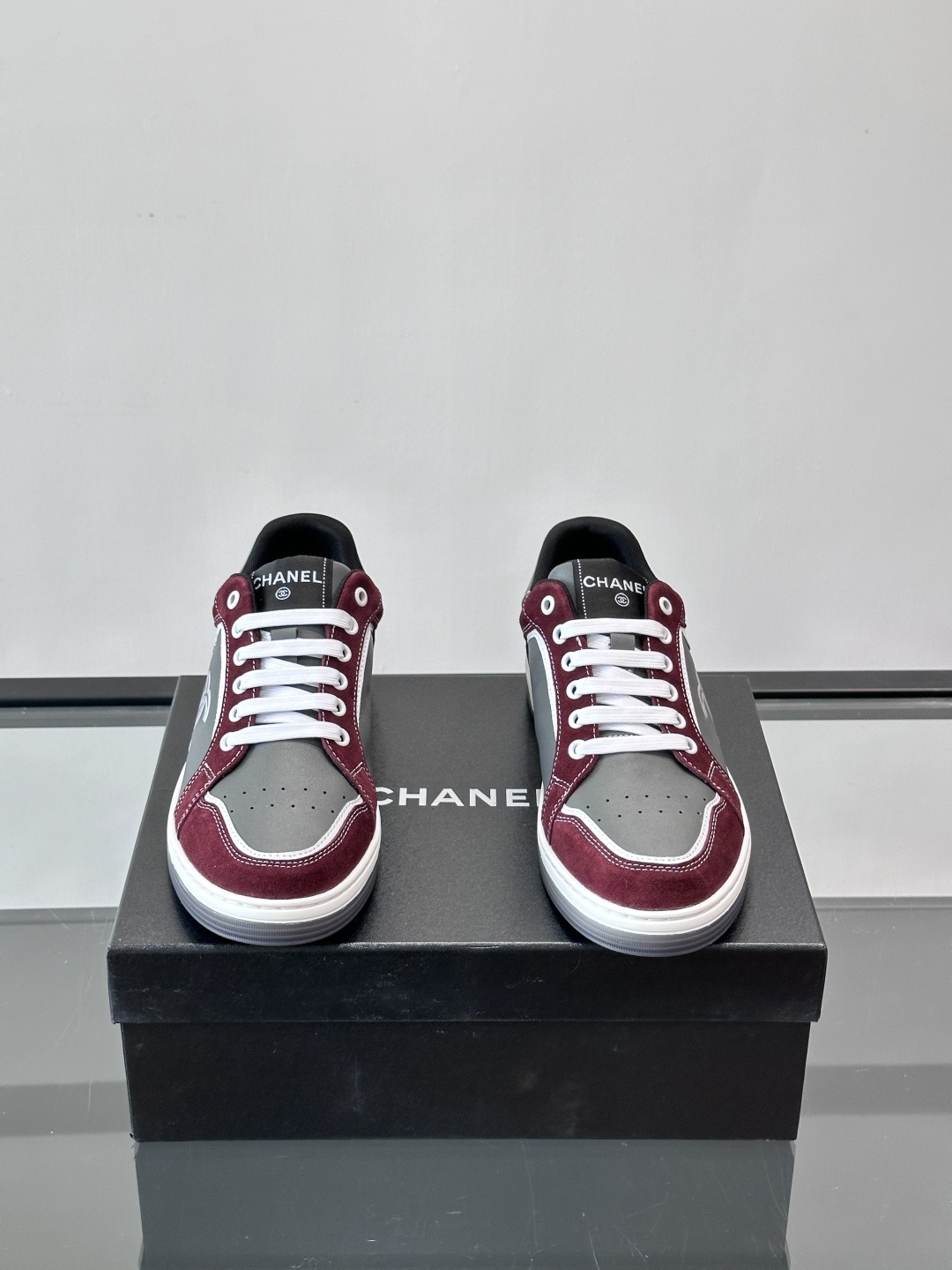 Chanel CC Logo Sneakers in Burgundy and Grey Suede