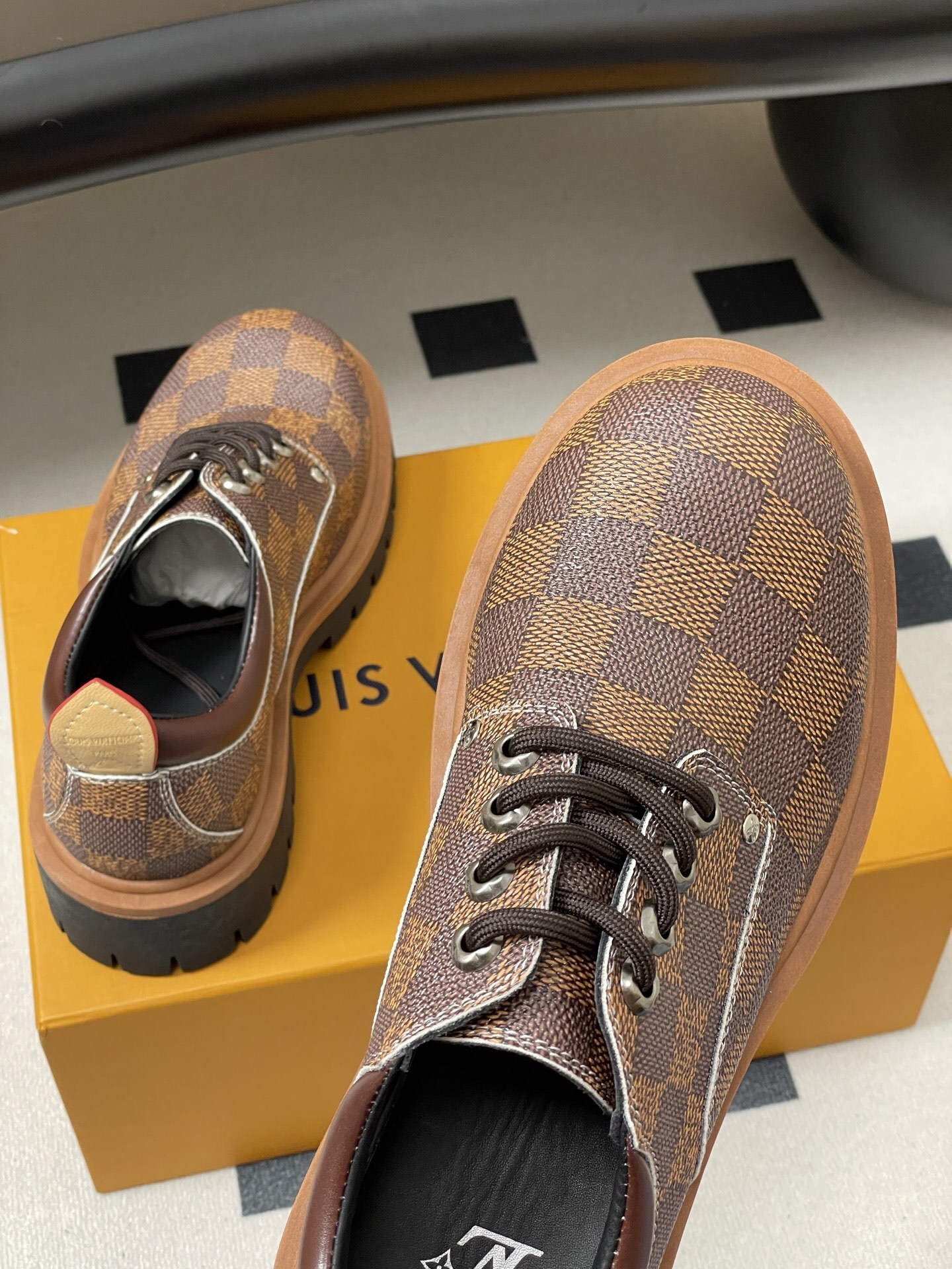 Brown Checkered Platform Derby Shoes - Luxury Chunky Sole