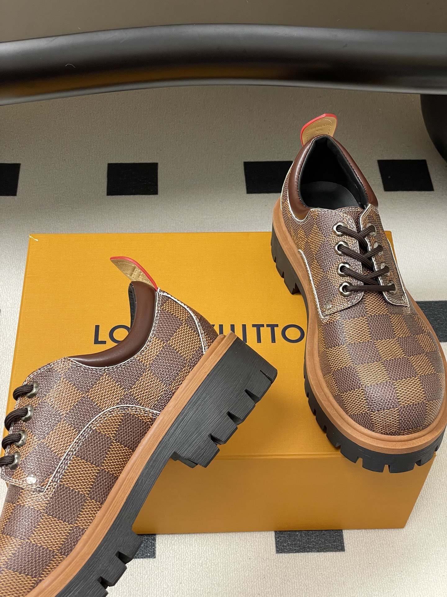 Brown Checkered Platform Derby Shoes - Luxury Chunky Sole