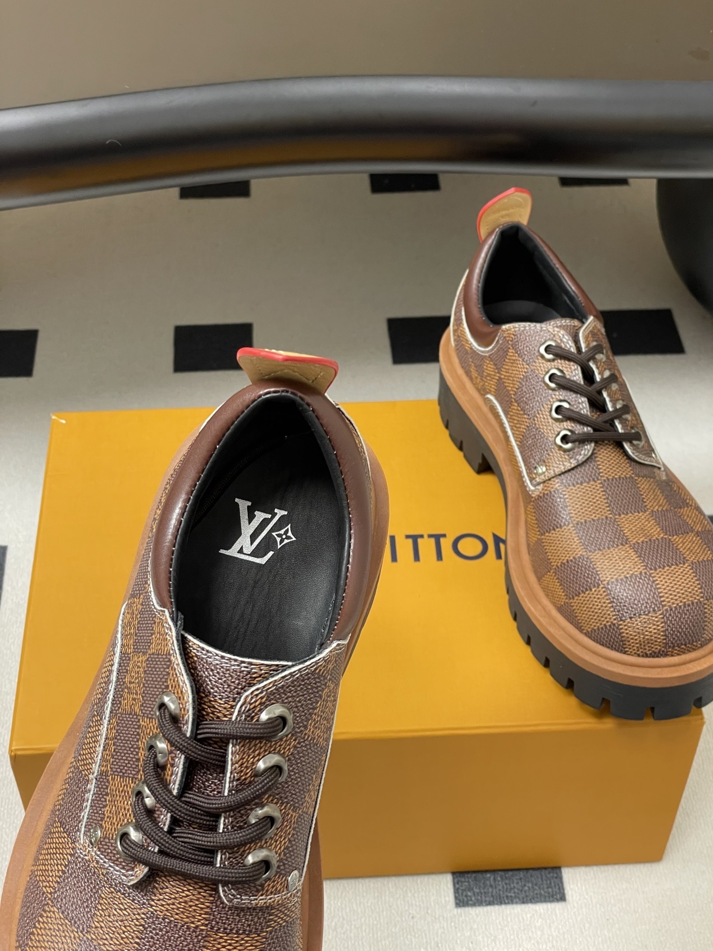 Brown Checkered Platform Derby Shoes - Luxury Chunky Sole