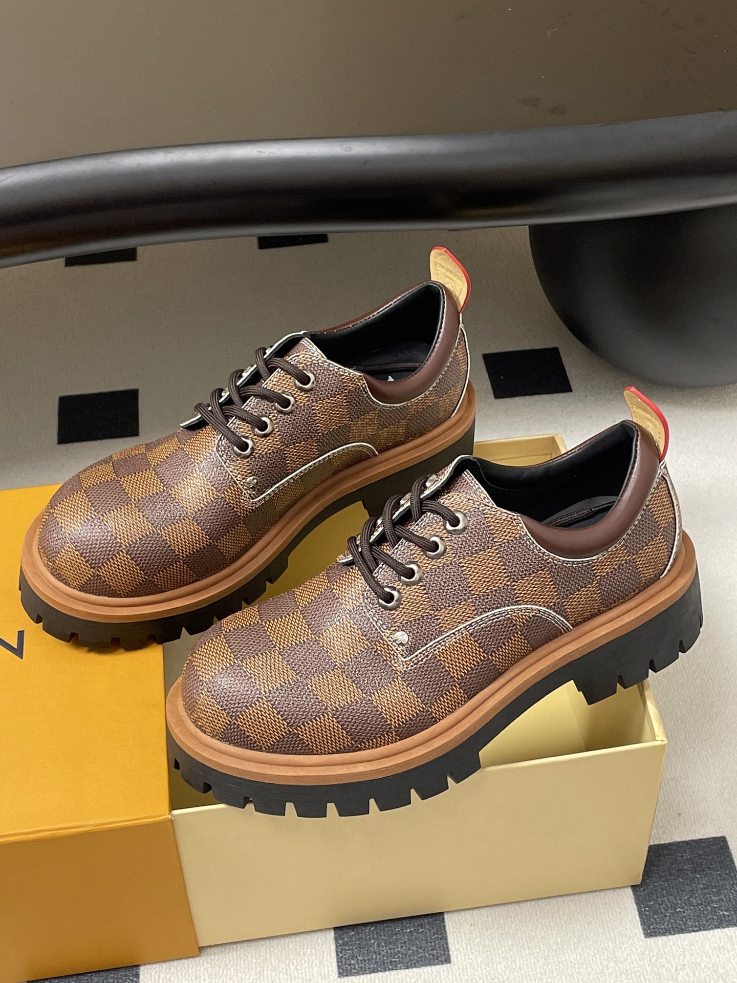 Brown Checkered Platform Derby Shoes - Luxury Chunky Sole