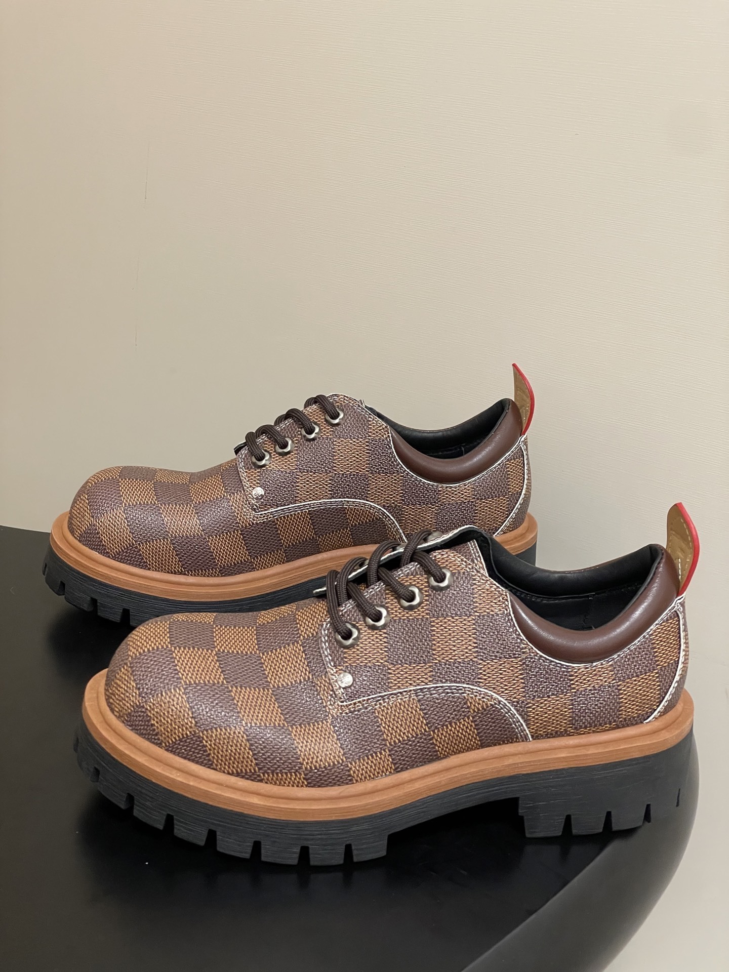 Brown Checkered Platform Derby Shoes - Luxury Chunky Sole