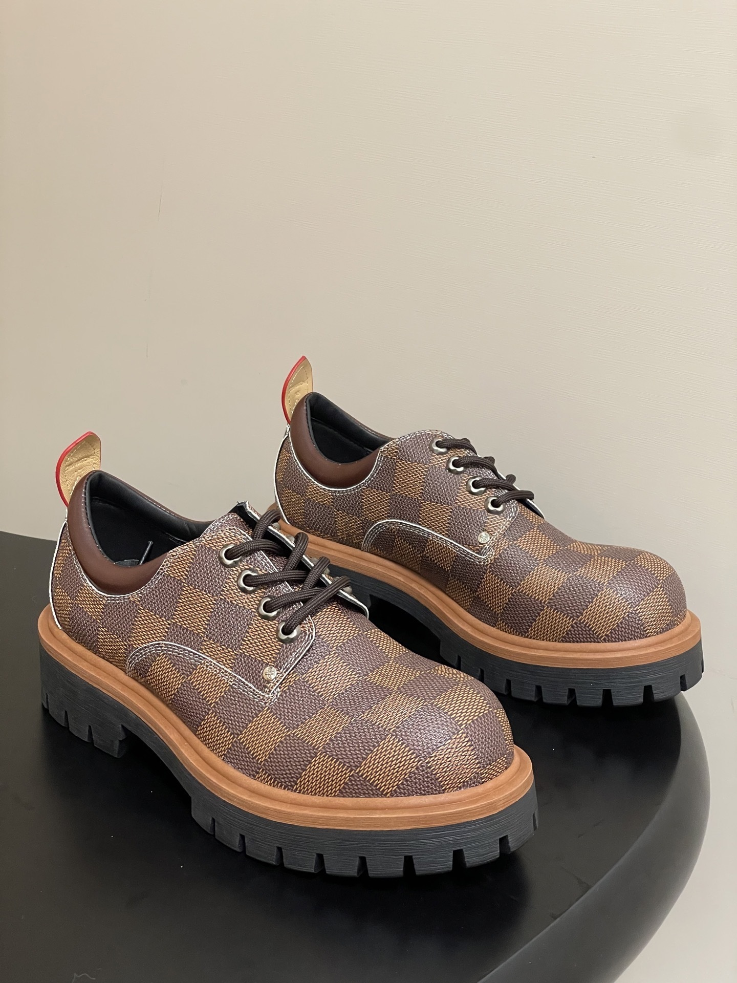 Brown Checkered Platform Derby Shoes – Luxury Chunky Sole