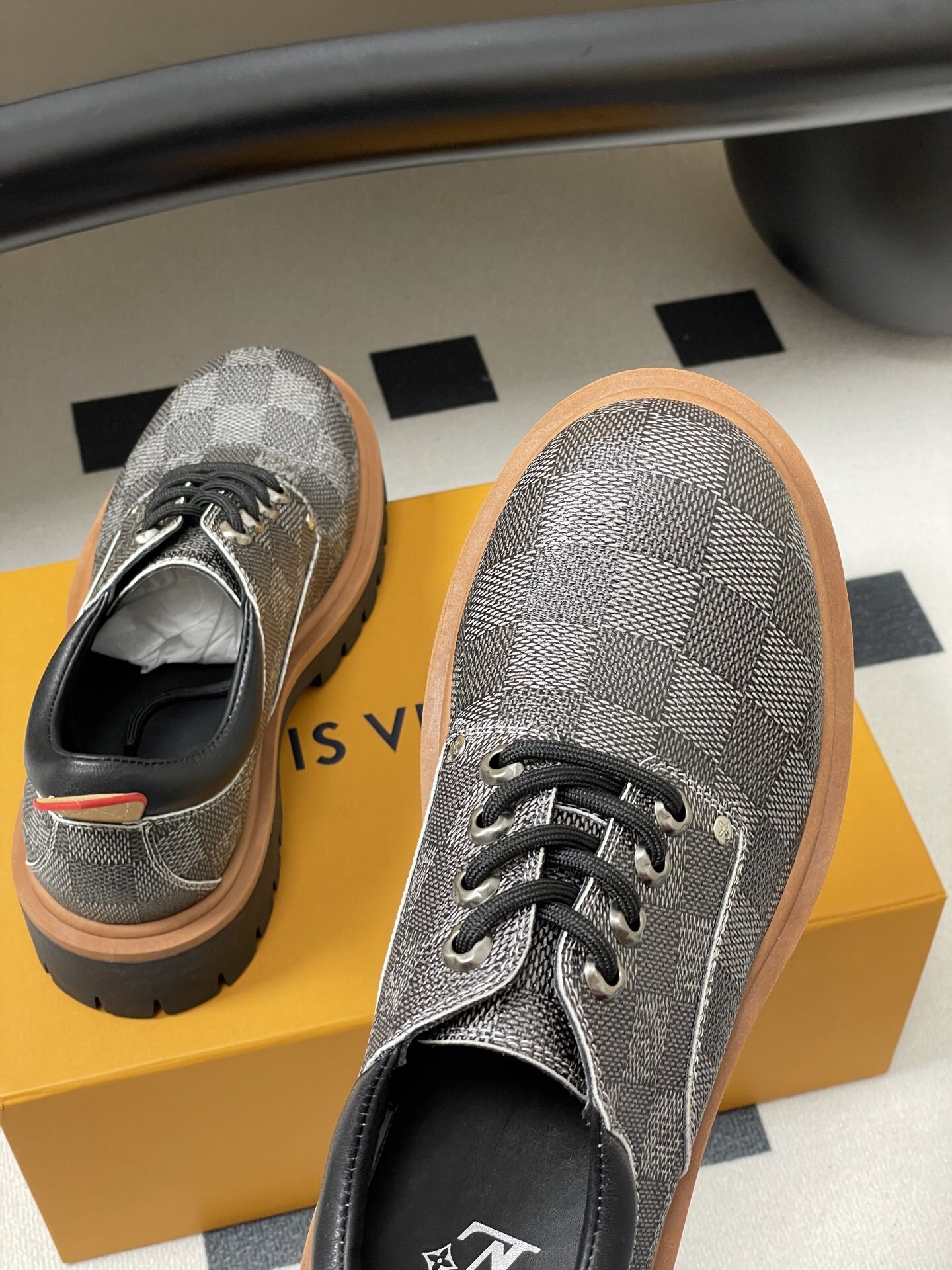 Luxury Checkered Canvas Platform Derby Shoes - Chunky Lug Sole