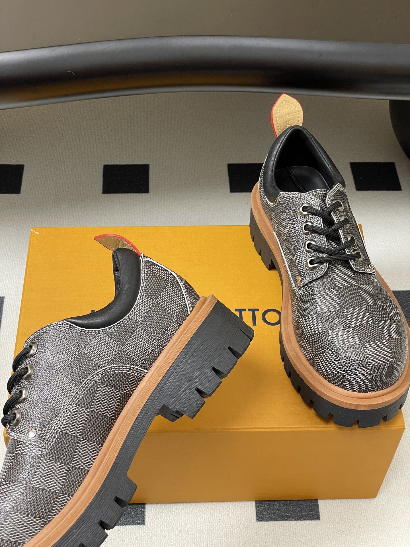 Luxury Checkered Canvas Platform Derby Shoes - Chunky Lug Sole