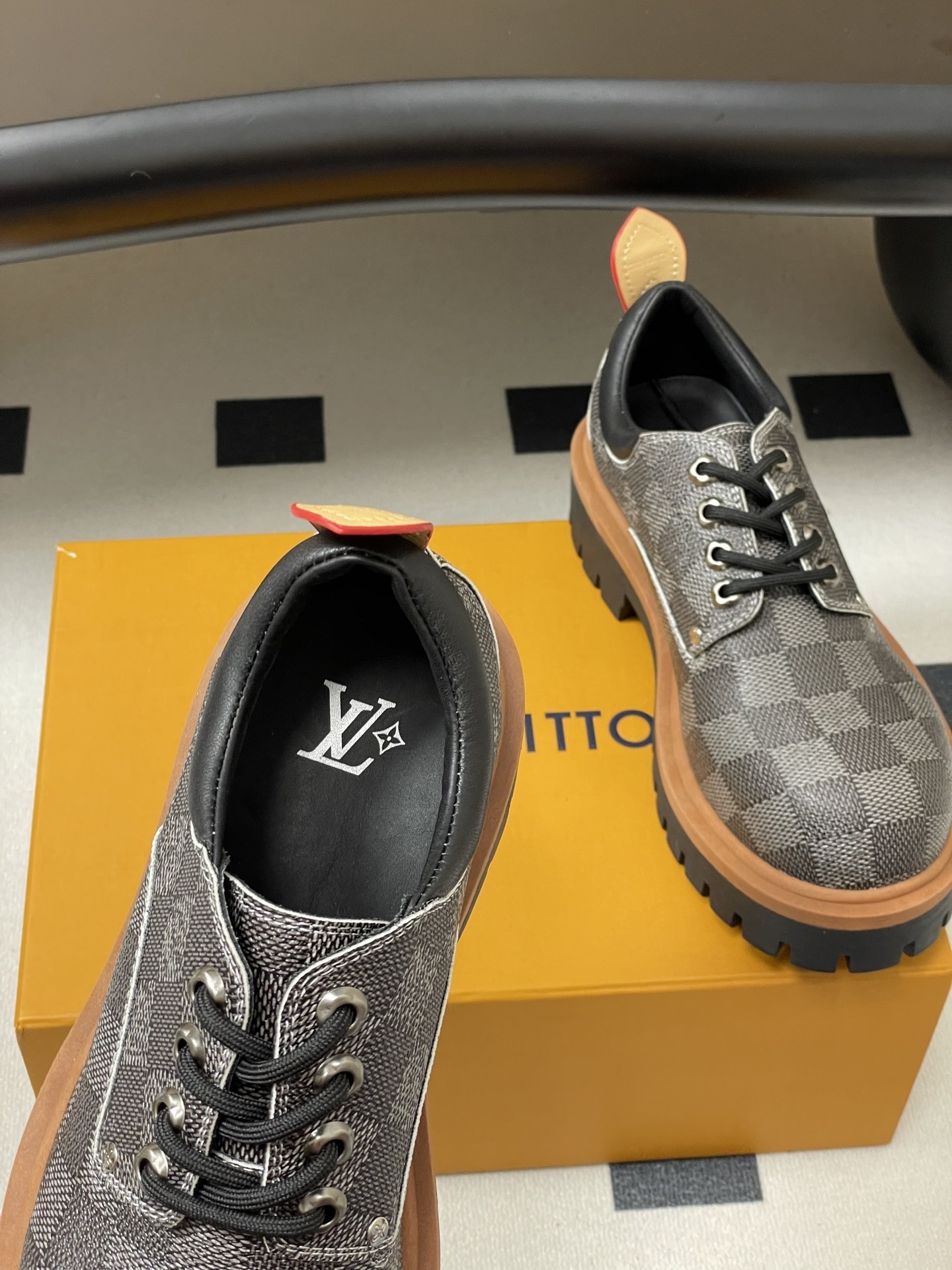 Luxury Checkered Canvas Platform Derby Shoes - Chunky Lug Sole