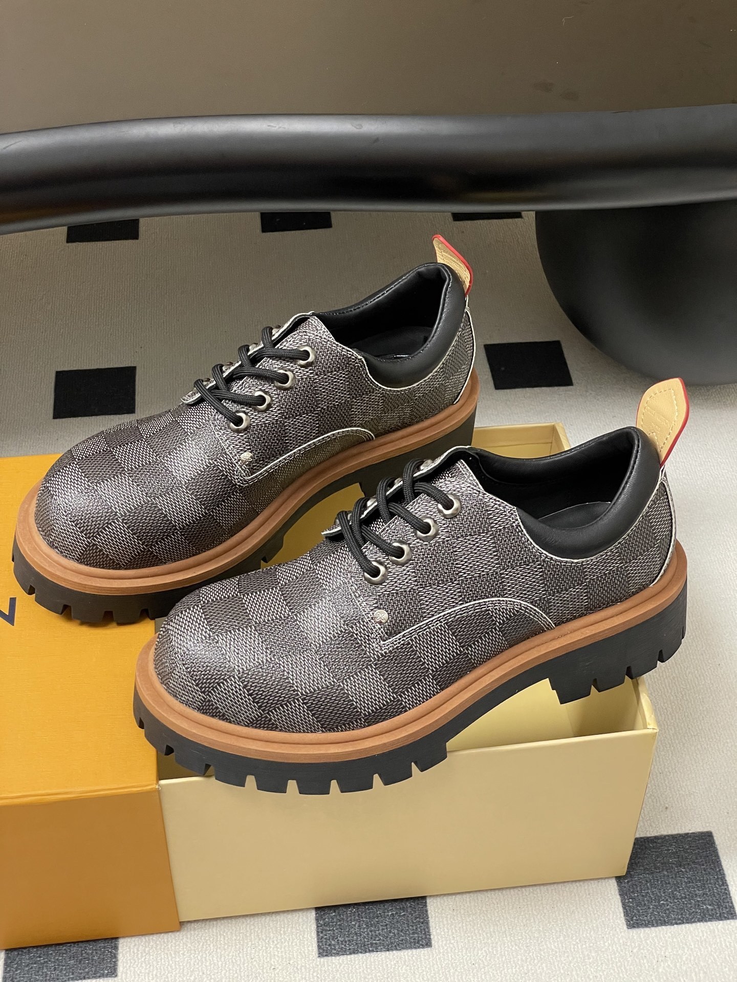 Luxury Checkered Canvas Platform Derby Shoes - Chunky Lug Sole