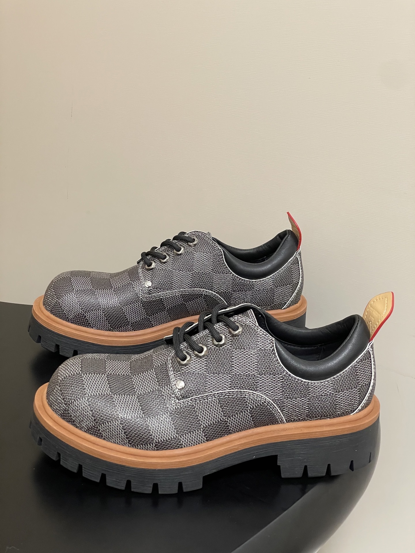 Luxury Checkered Canvas Platform Derby Shoes - Chunky Lug Sole