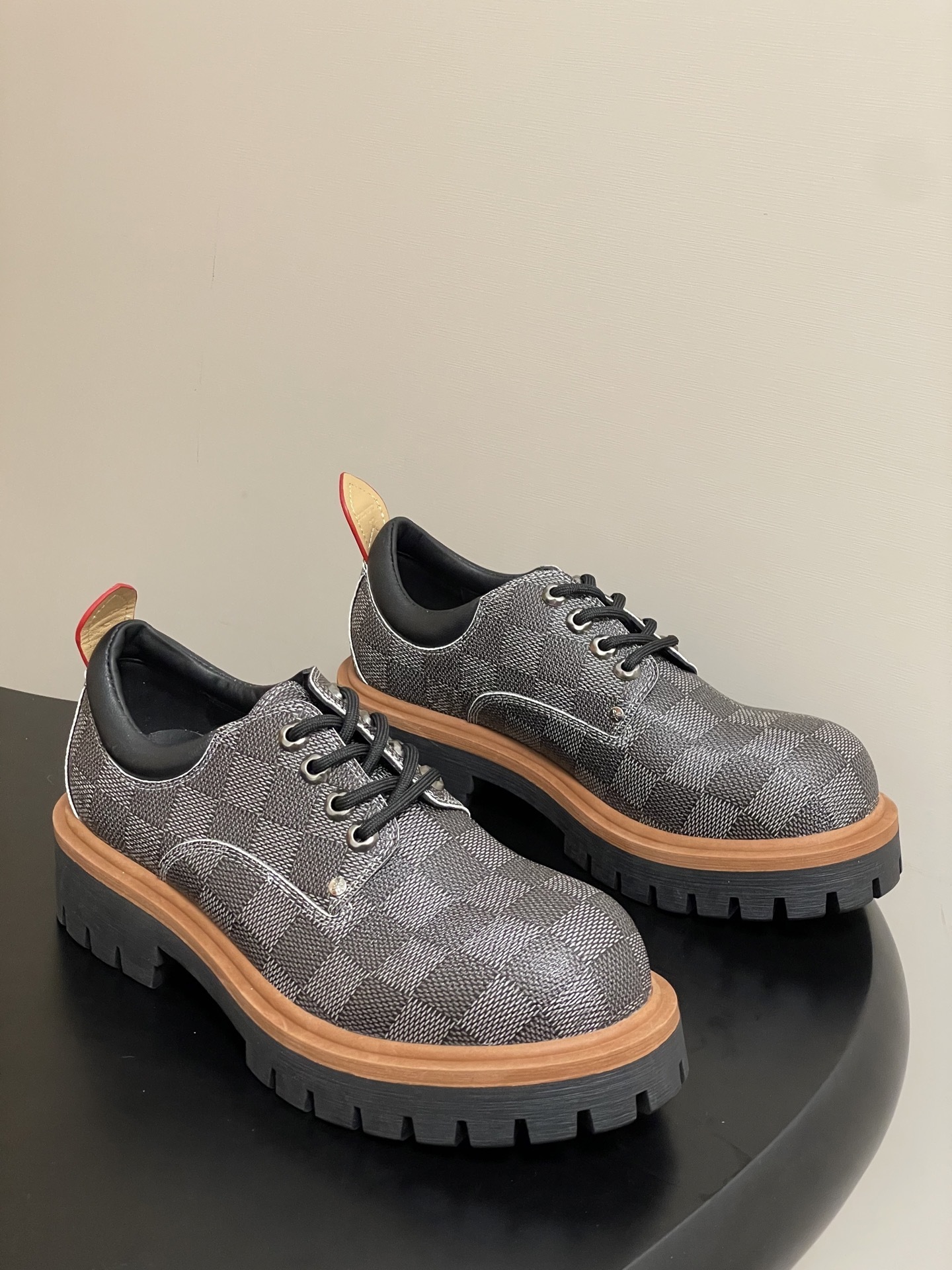 Luxury Checkered Canvas Platform Derby Shoes – Chunky Lug Sole