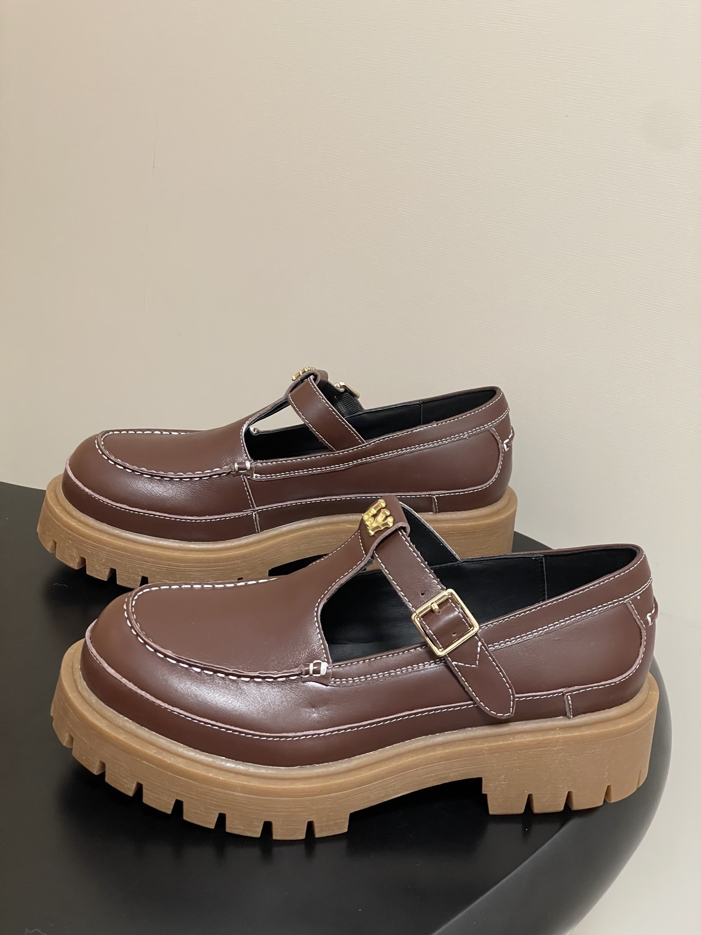 Louis Vuitton Brown Leather Platform T-Strap Mary Jane Loafers