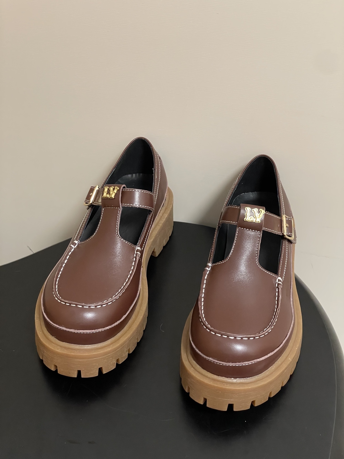 Louis Vuitton Brown Leather Platform T-Strap Mary Jane Loafers