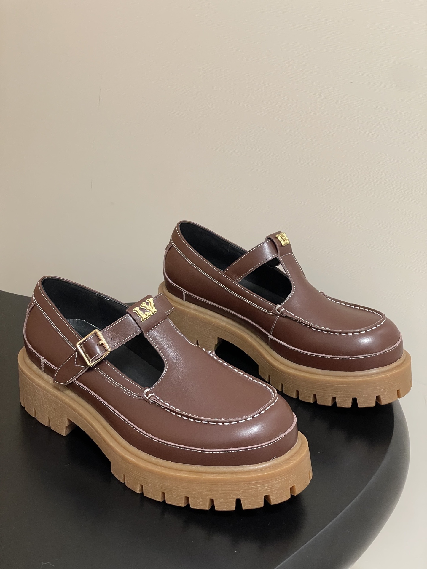 Louis Vuitton Brown Leather Platform T-Strap Mary Jane Loafers