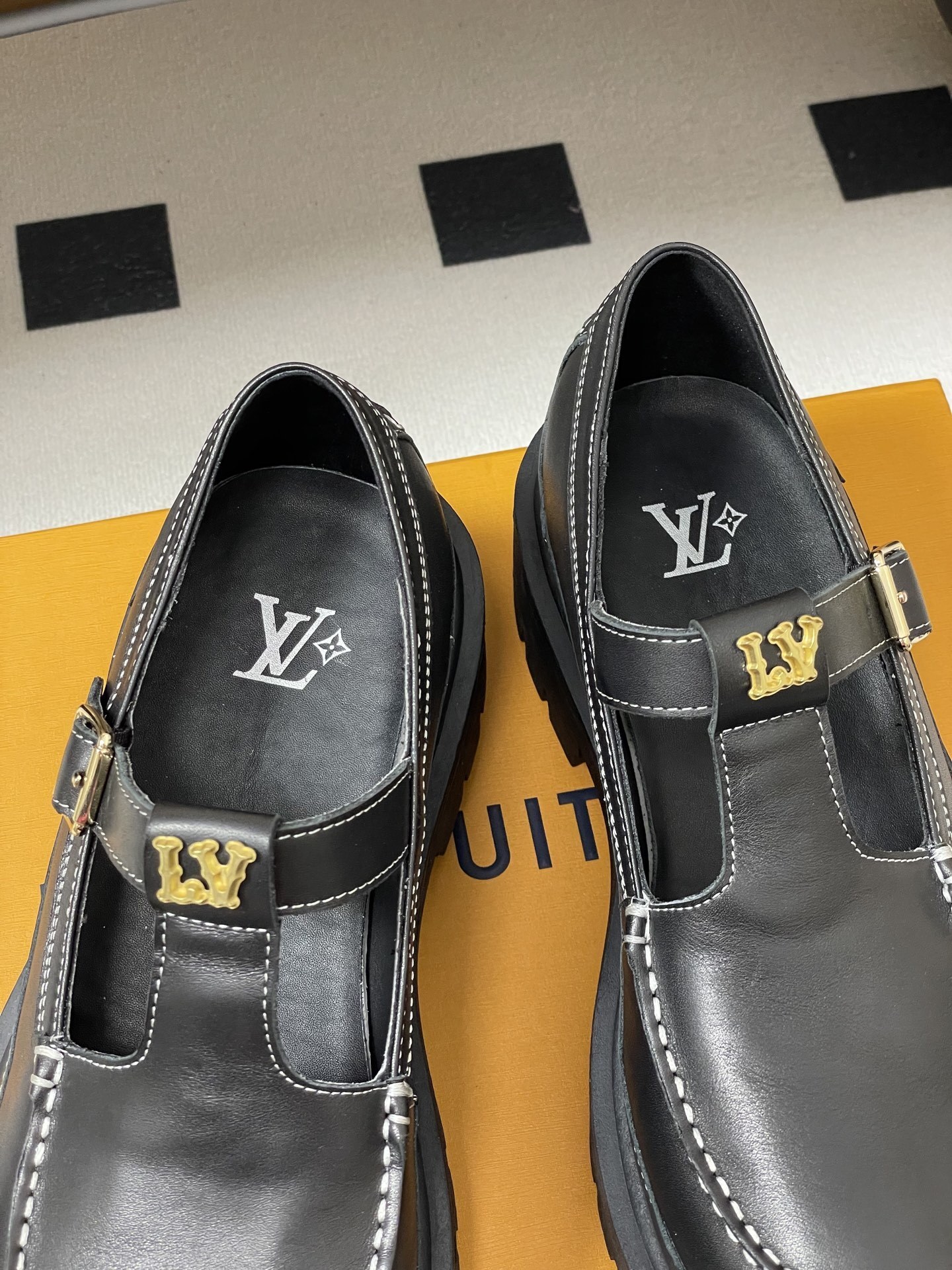 Women's Black Chunky Platform Mary Jane Loafers with White Stitching