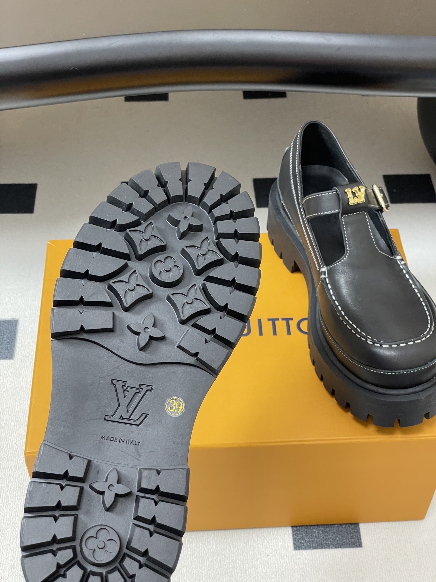 Women's Black Chunky Platform Mary Jane Loafers with White Stitching