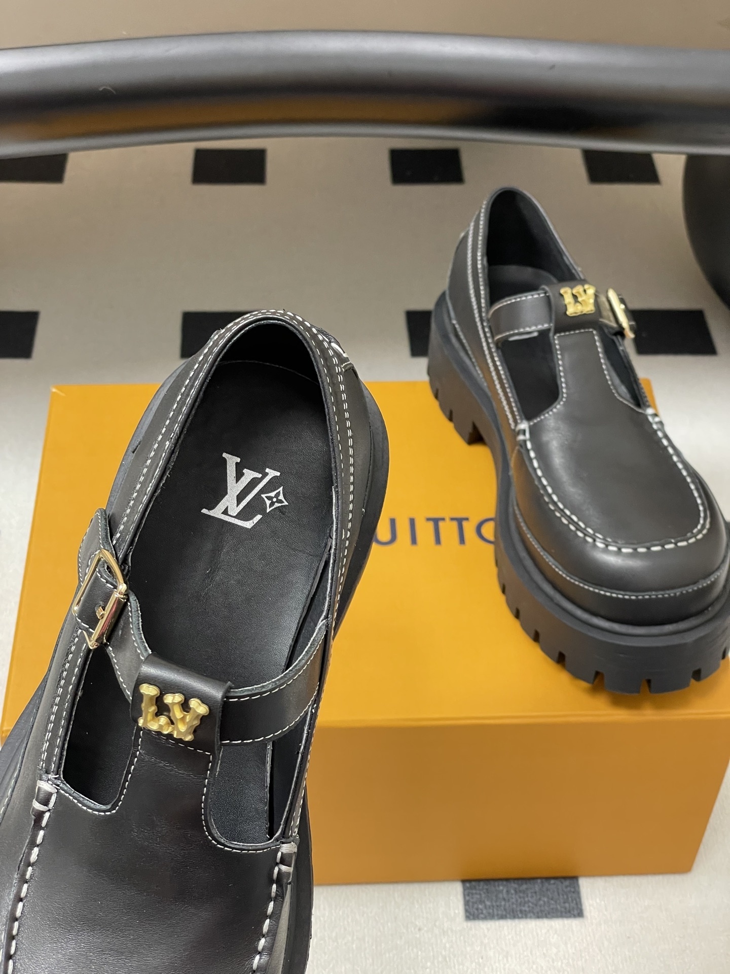 Women's Black Chunky Platform Mary Jane Loafers with White Stitching