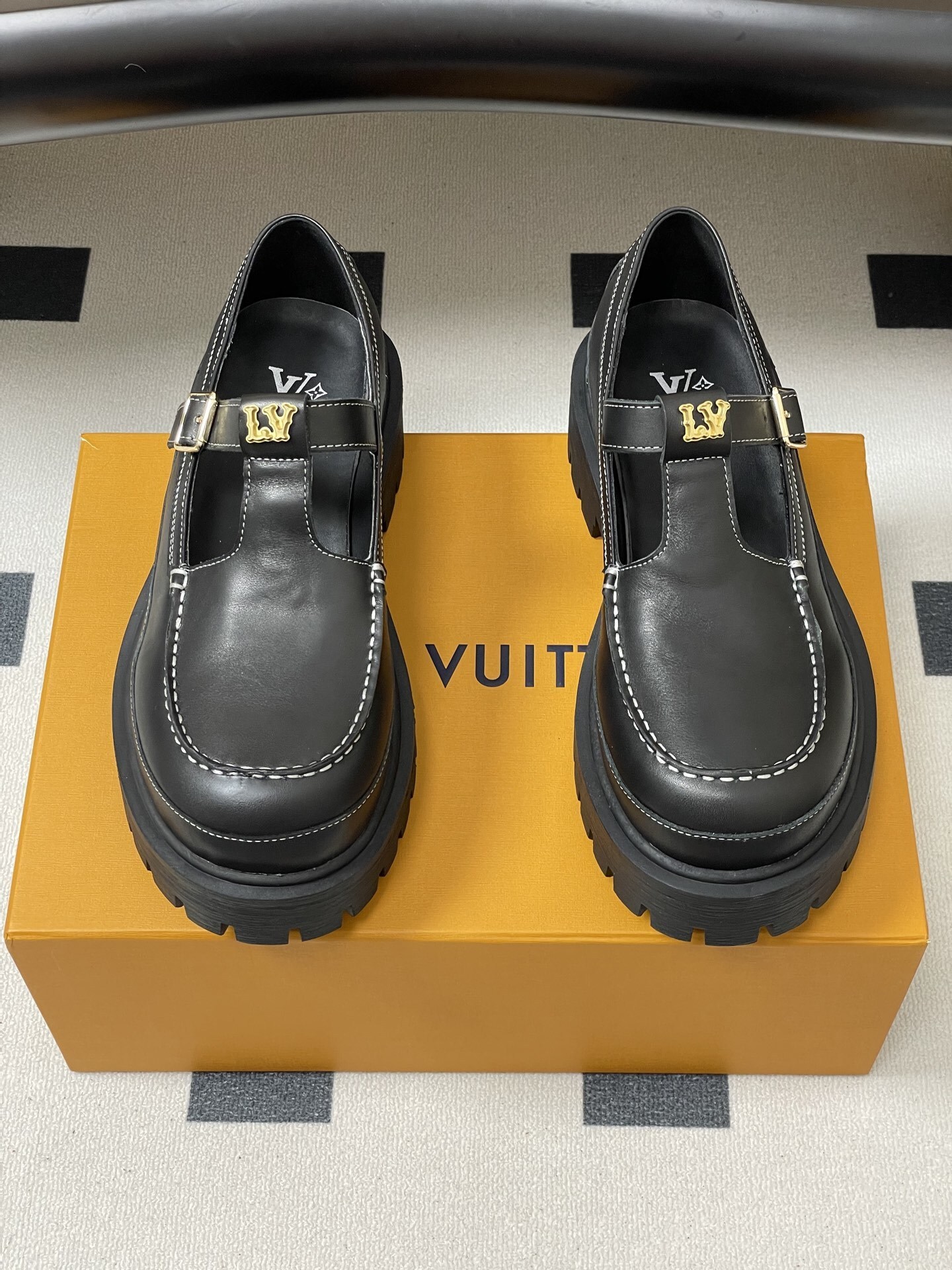 Women's Black Chunky Platform Mary Jane Loafers with White Stitching