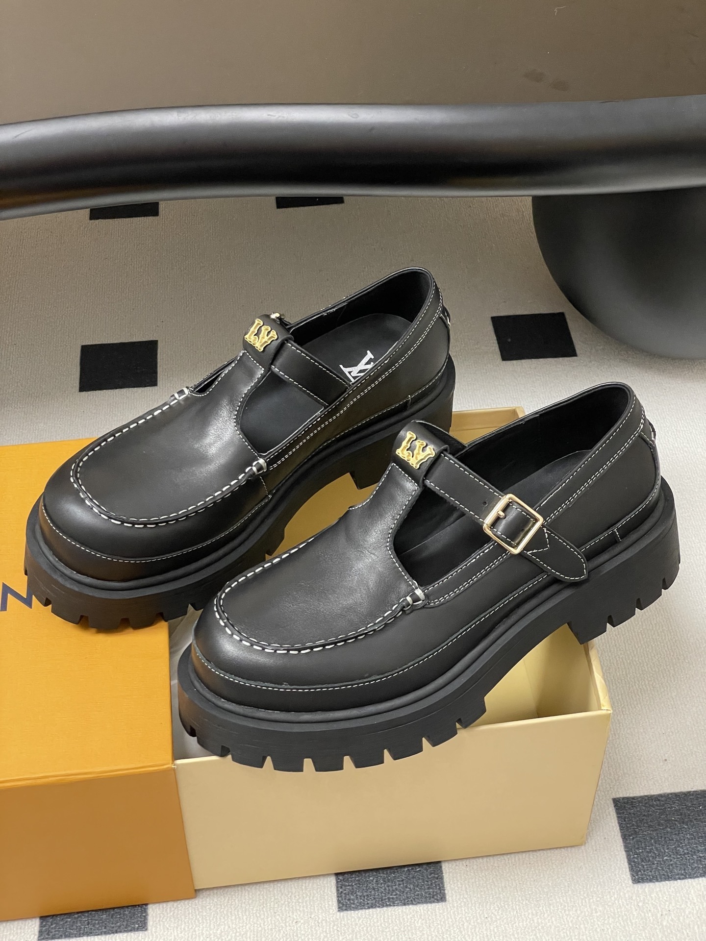 Women's Black Chunky Platform Mary Jane Loafers with White Stitching