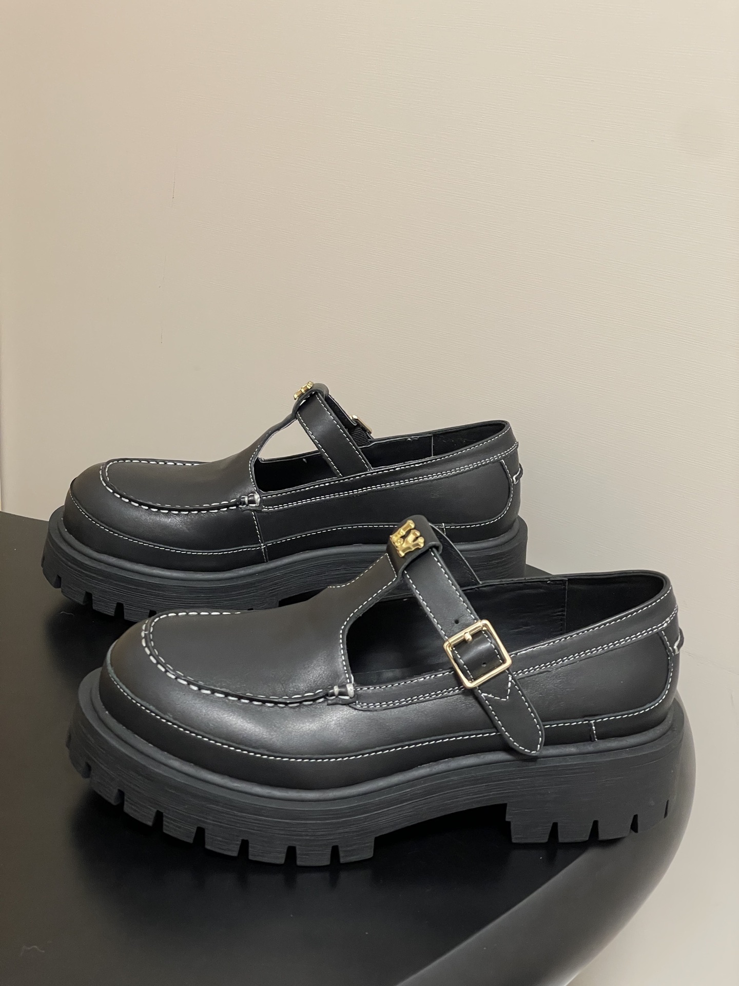 Women's Black Chunky Platform Mary Jane Loafers with White Stitching