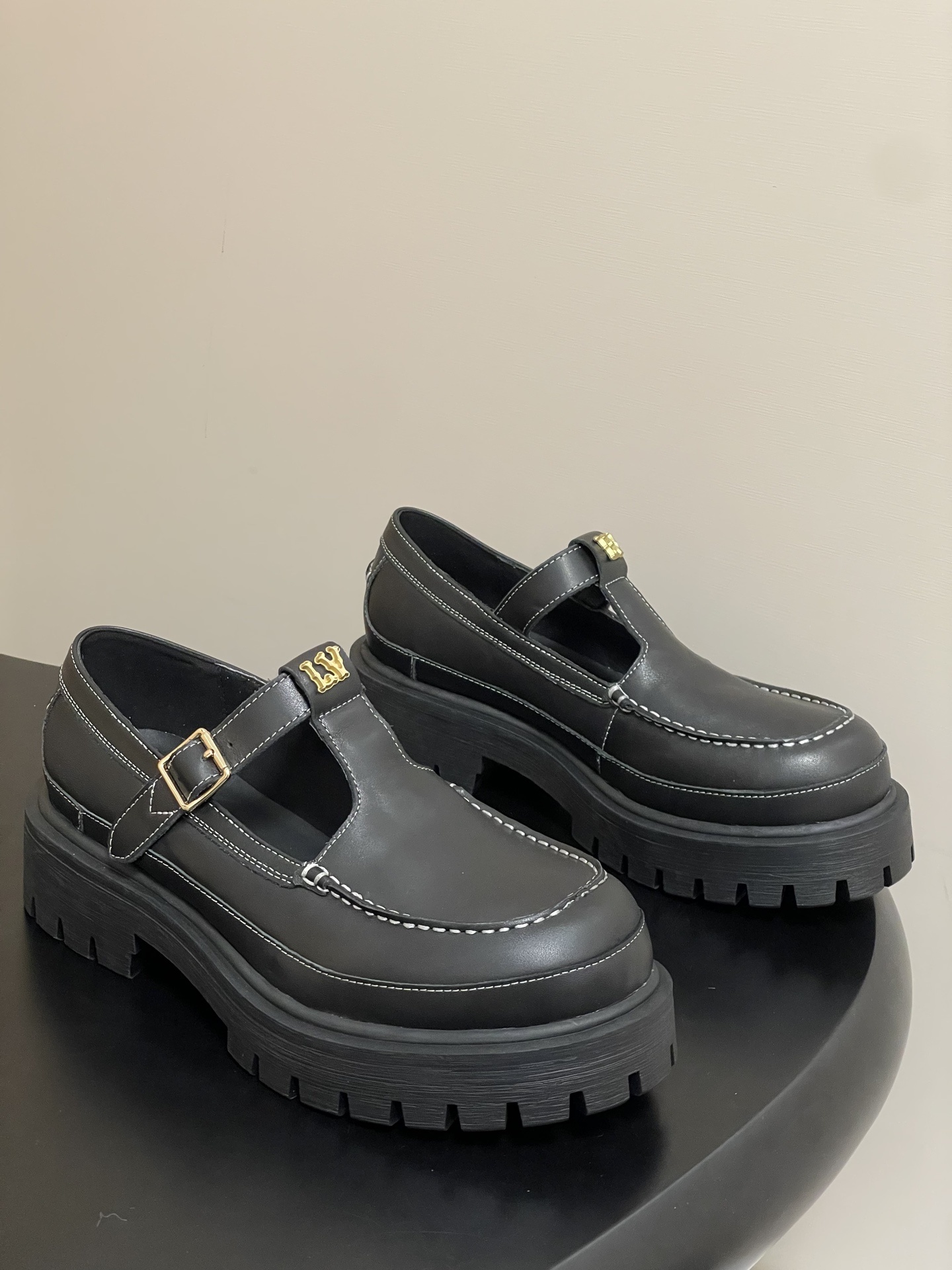 Women’s Black Chunky Platform Mary Jane Loafers with White Stitching