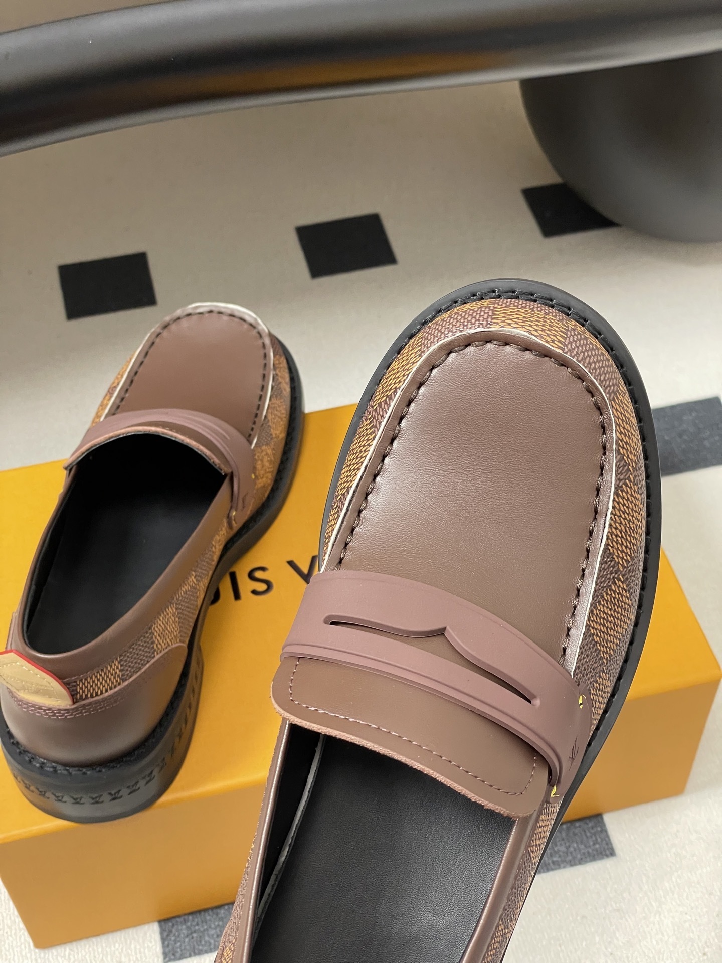 Louis Vuitton Damier Ebene Brown Leather Men's Penny Loafers