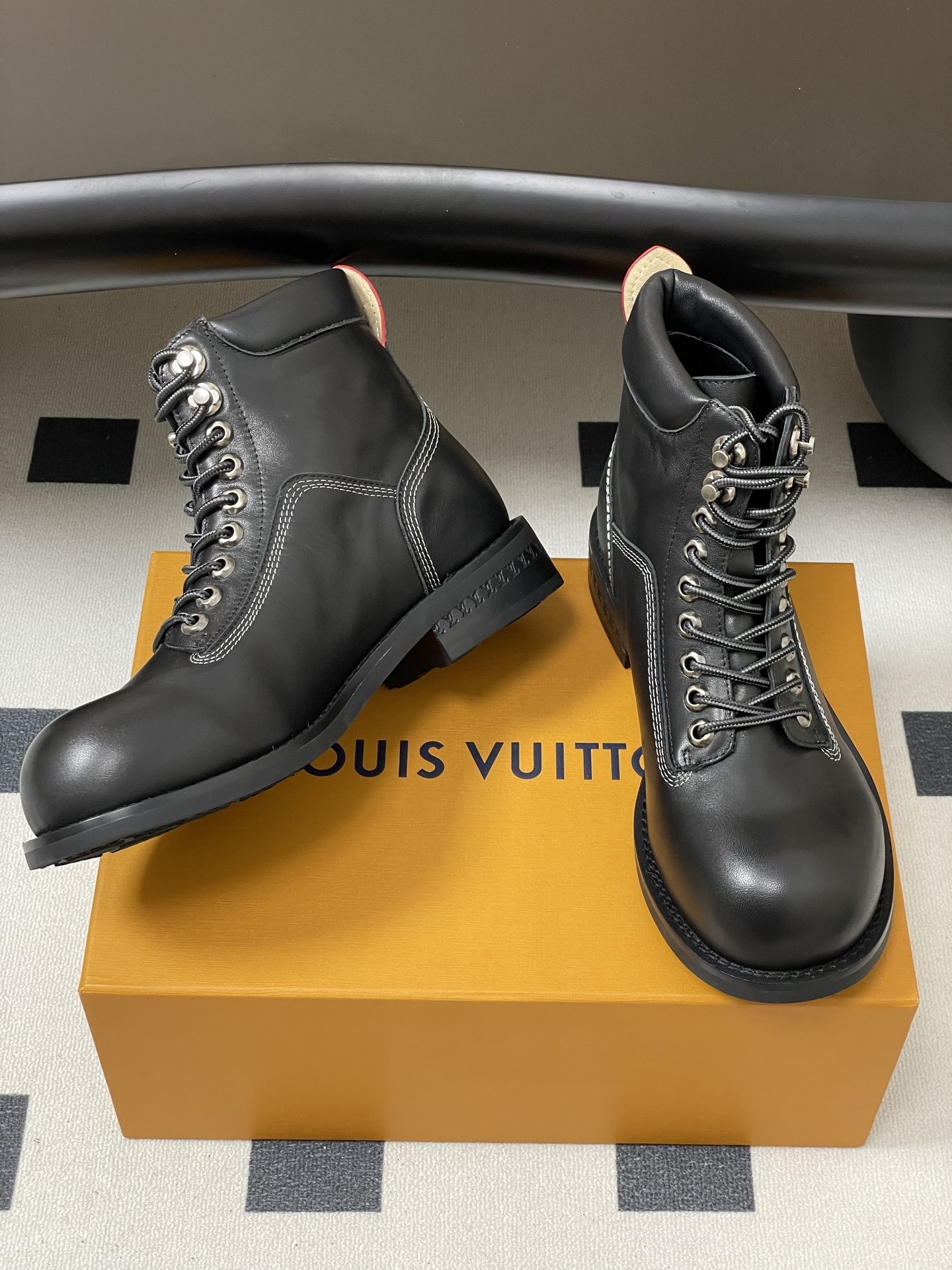 Louis Vuitton Black Leather Lace-Up Boots with Contrast Stitching