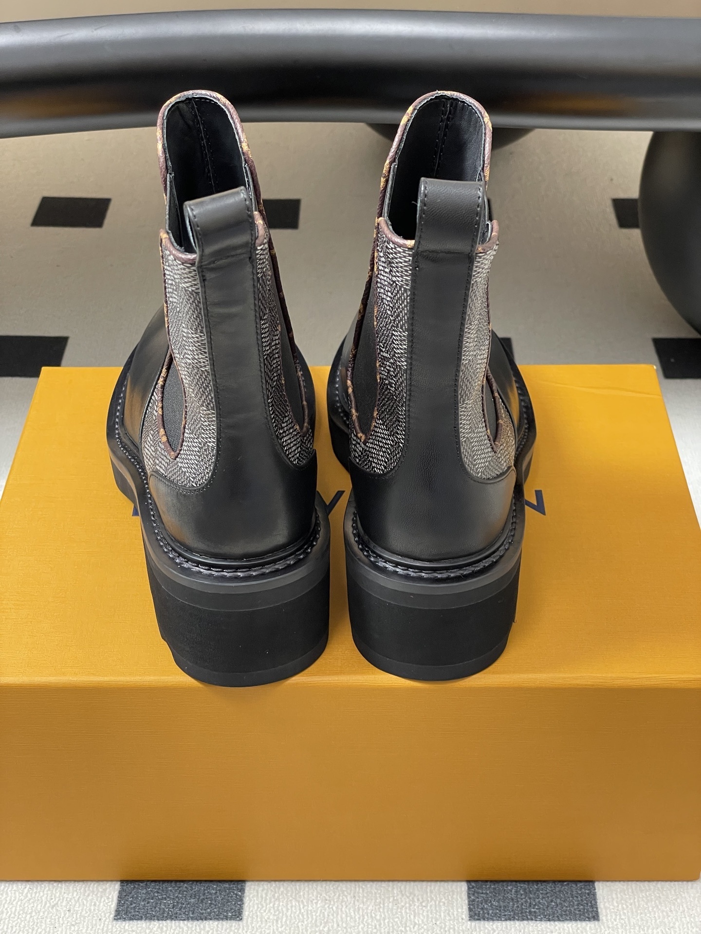 Women's Black Leather Chelsea Boots with Monogram Canvas Detail