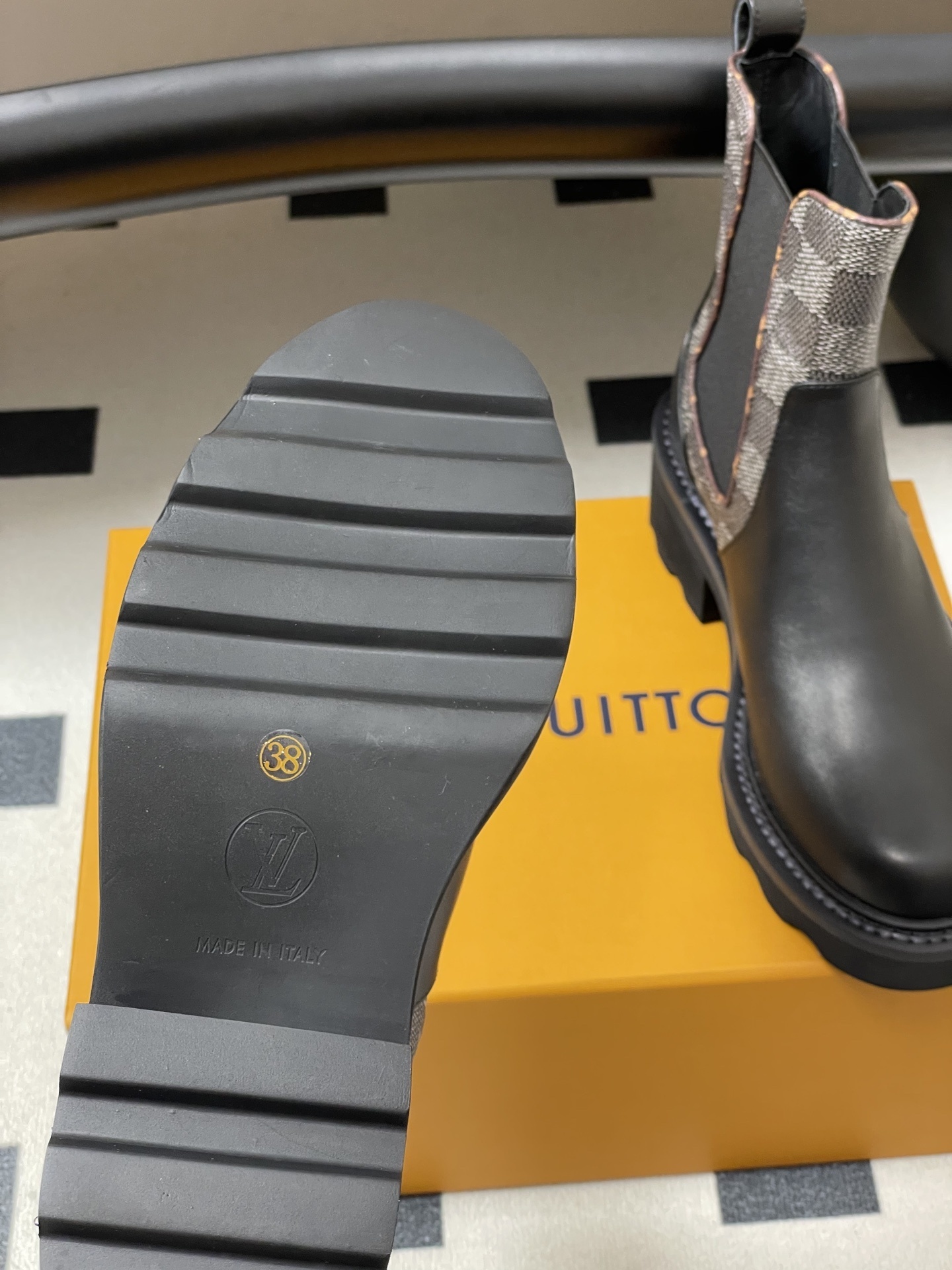 Women's Black Leather Chelsea Boots with Monogram Canvas Detail