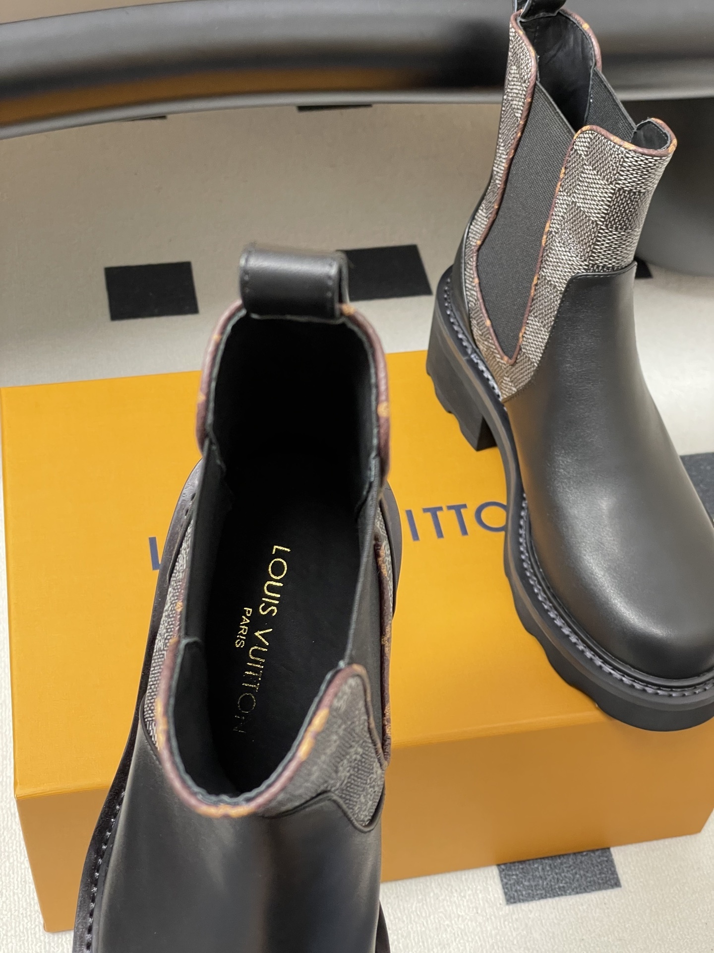 Women's Black Leather Chelsea Boots with Monogram Canvas Detail