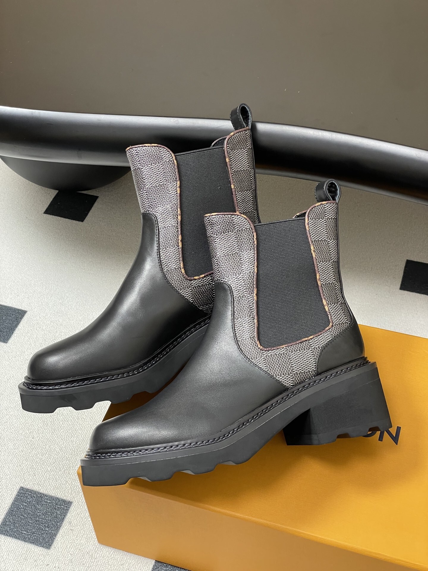 Women's Black Leather Chelsea Boots with Monogram Canvas Detail