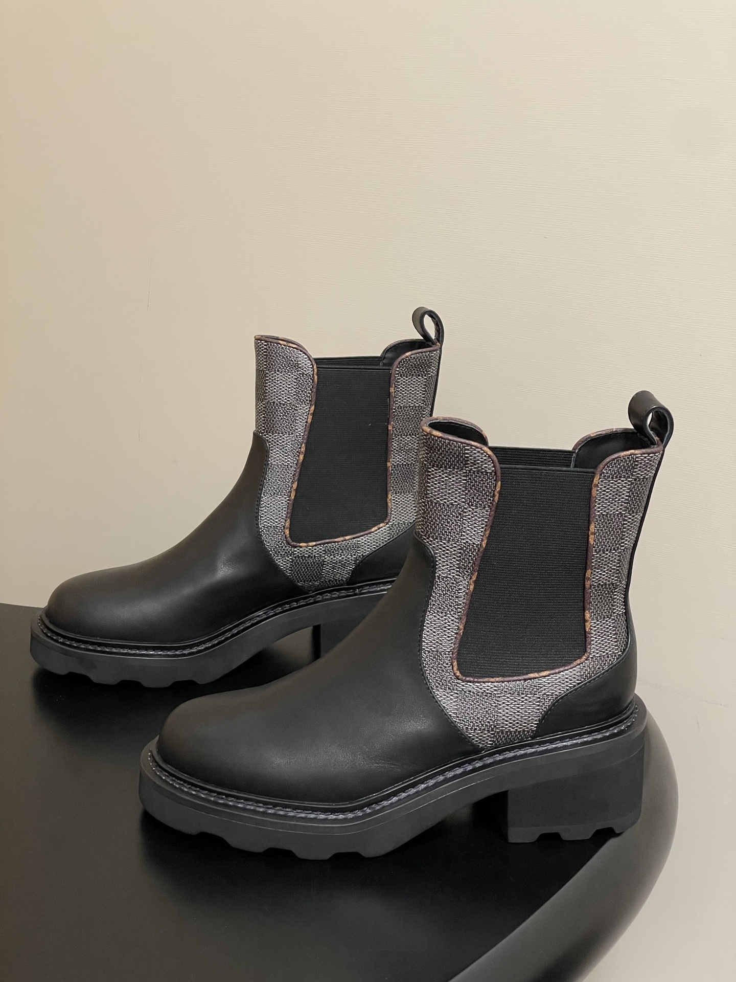 Women's Black Leather Chelsea Boots with Monogram Canvas Detail