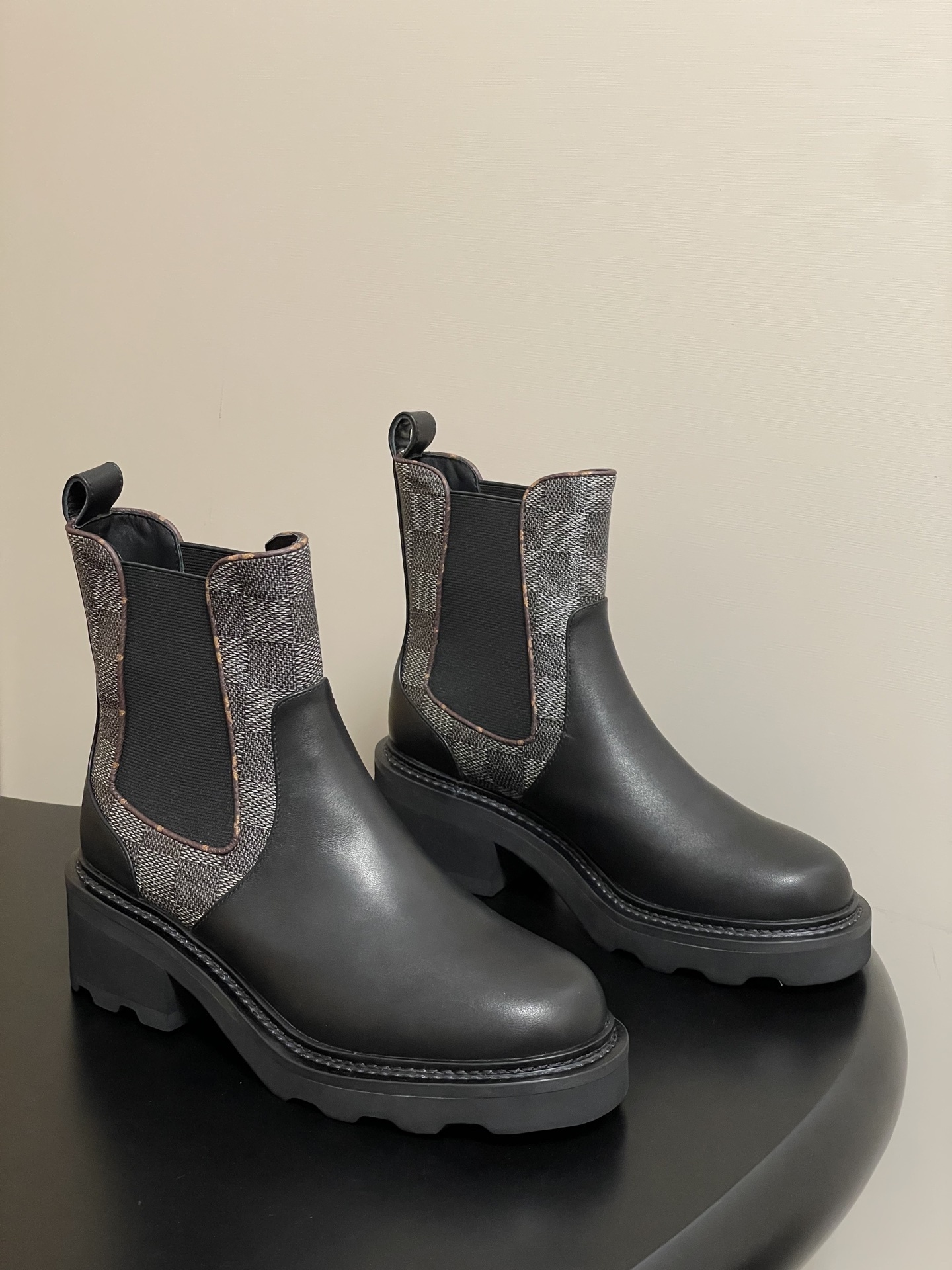 Women’s Black Leather Chelsea Boots with Monogram Canvas Detail