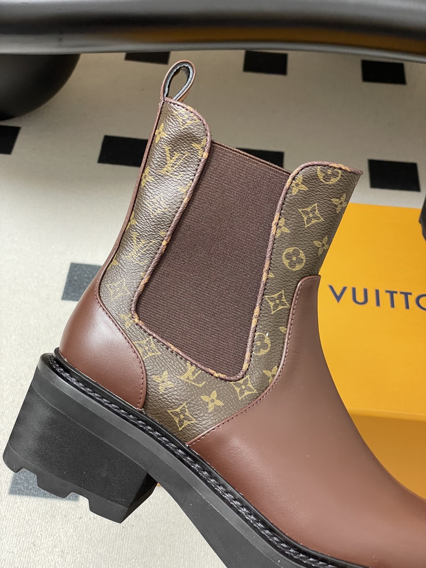 LV Style Monogram Brown Leather Chelsea Boots - Chunky Lug Sole