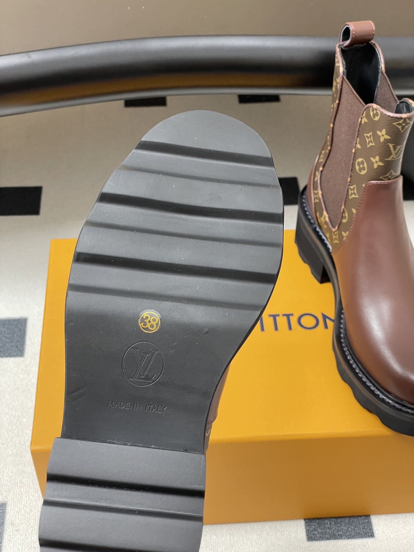 LV Style Monogram Brown Leather Chelsea Boots - Chunky Lug Sole