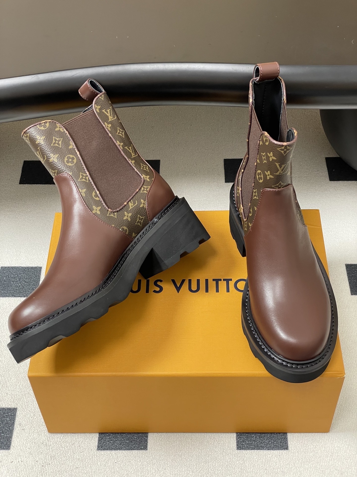 LV Style Monogram Brown Leather Chelsea Boots - Chunky Lug Sole