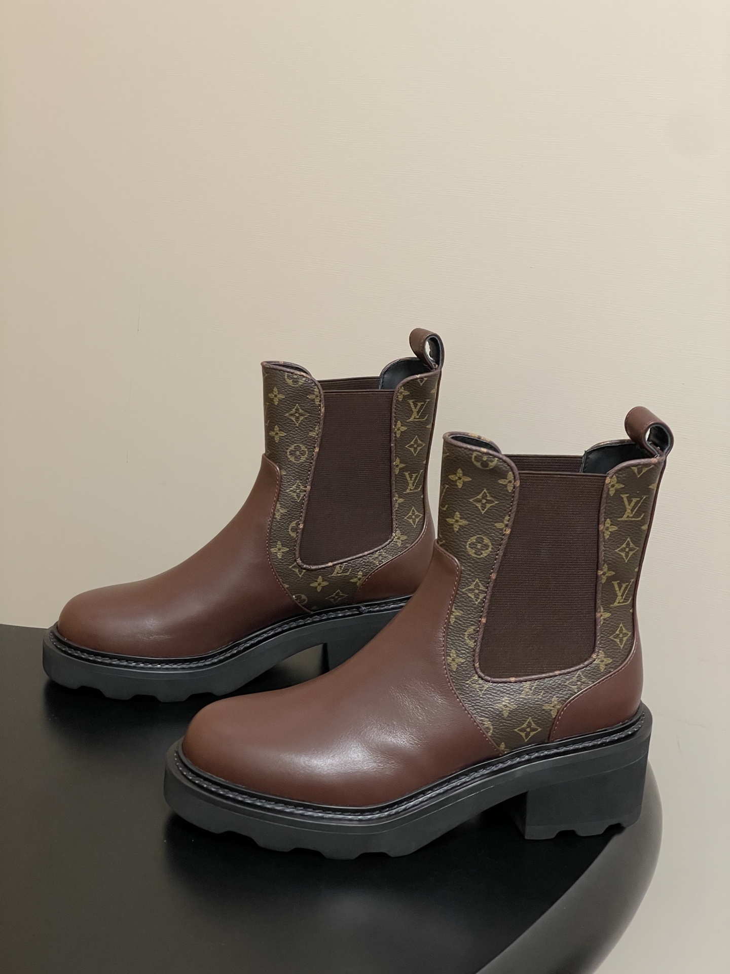 LV Style Monogram Brown Leather Chelsea Boots - Chunky Lug Sole
